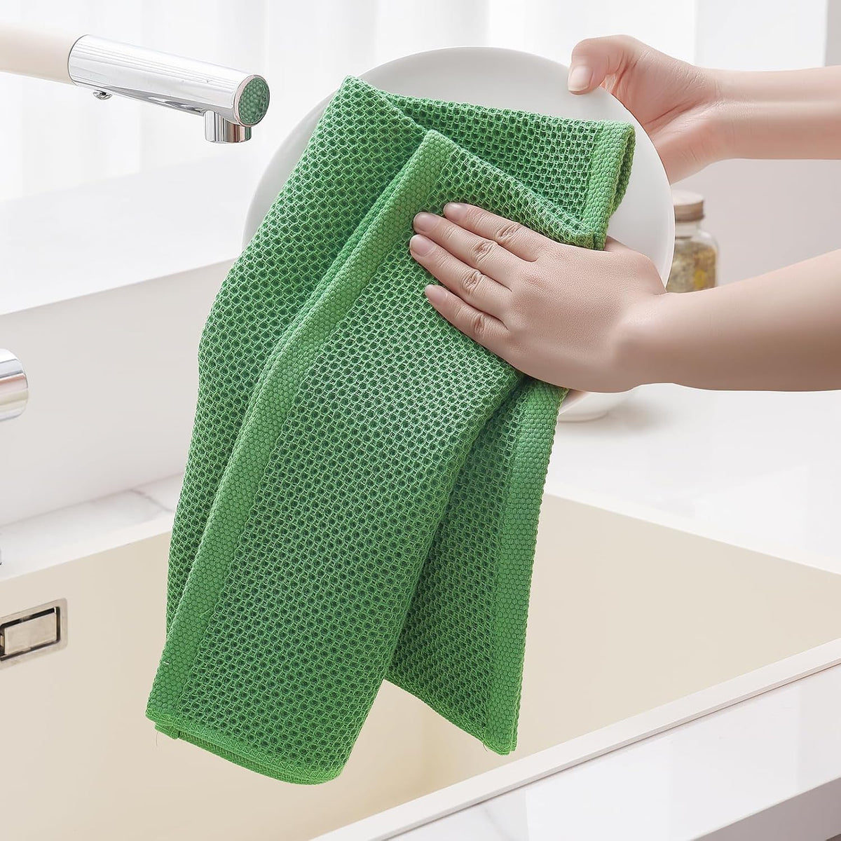Homaxy 100% Cotton Oversized Waffle Weave Kitchen Towels 8-Pack | Grass Green, 20 x 28 Inches, Ultra Soft Absorbent