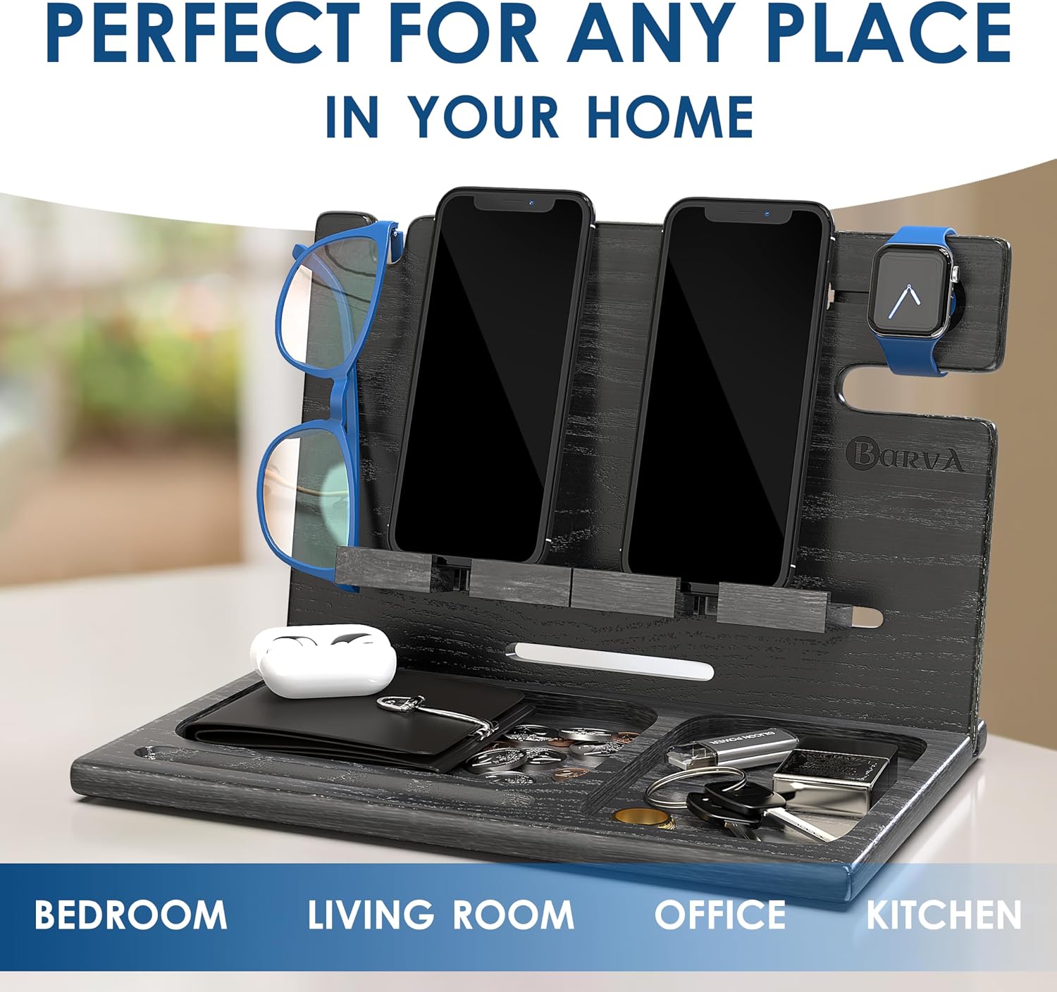 BarvA Two Phone Docking Station | Night Stand Desk Organizer | Wood Nightstand Organizer | Tablet Smart Watch Earbuds