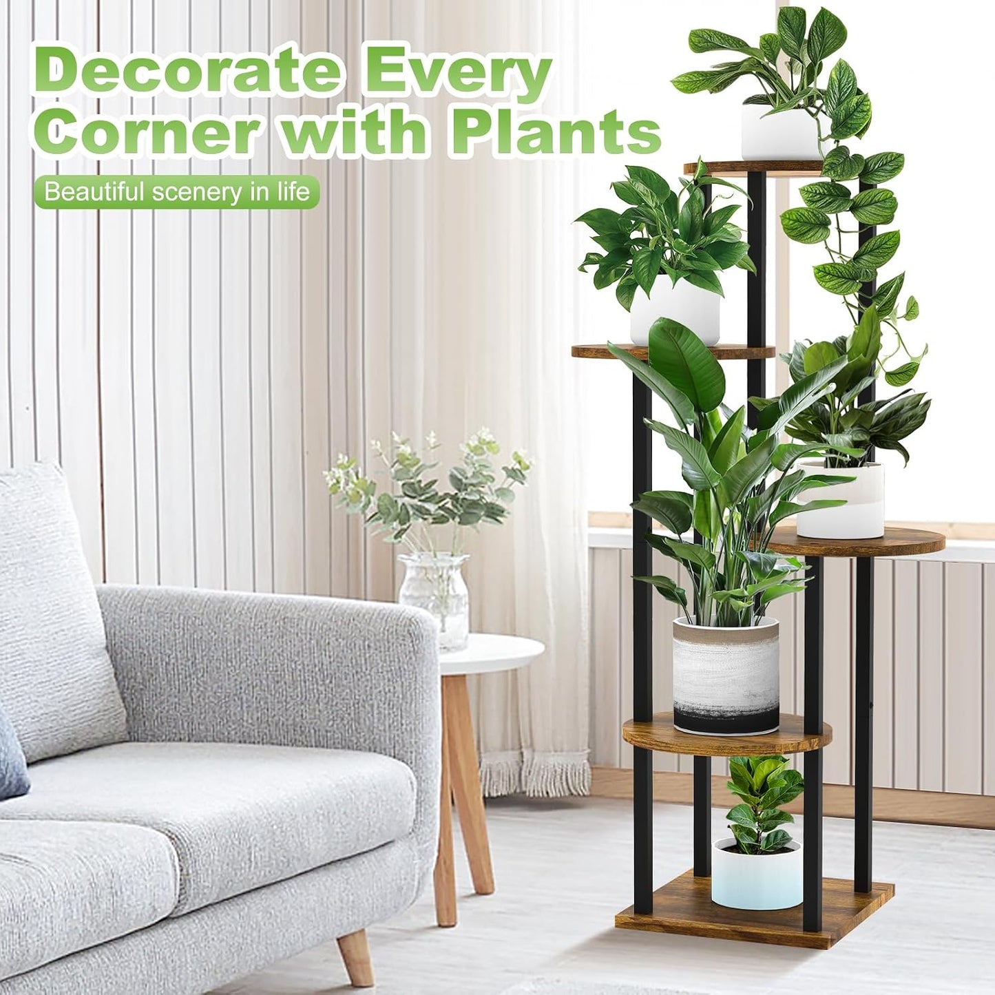 5 Tier Wood Tall Plant Stand Metal Rack Indoor, Multiple Flower Pot Holder Shelves Corner Rack, Round Planter Shelf