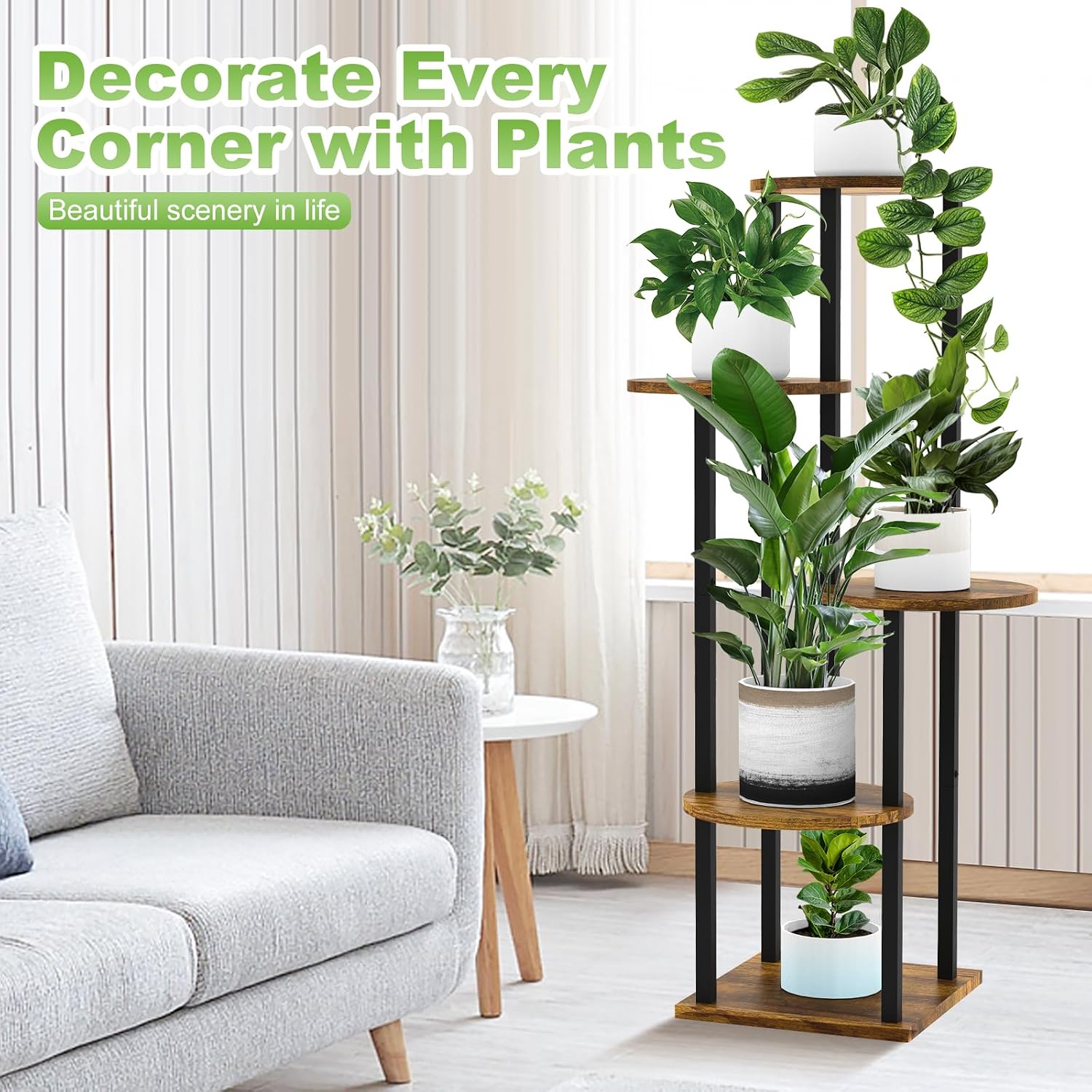 5 Tier Wood Tall Plant Stand Metal Rack Indoor, Multiple Flower Pot Holder Shelves Corner Rack, Round Planter Shelf