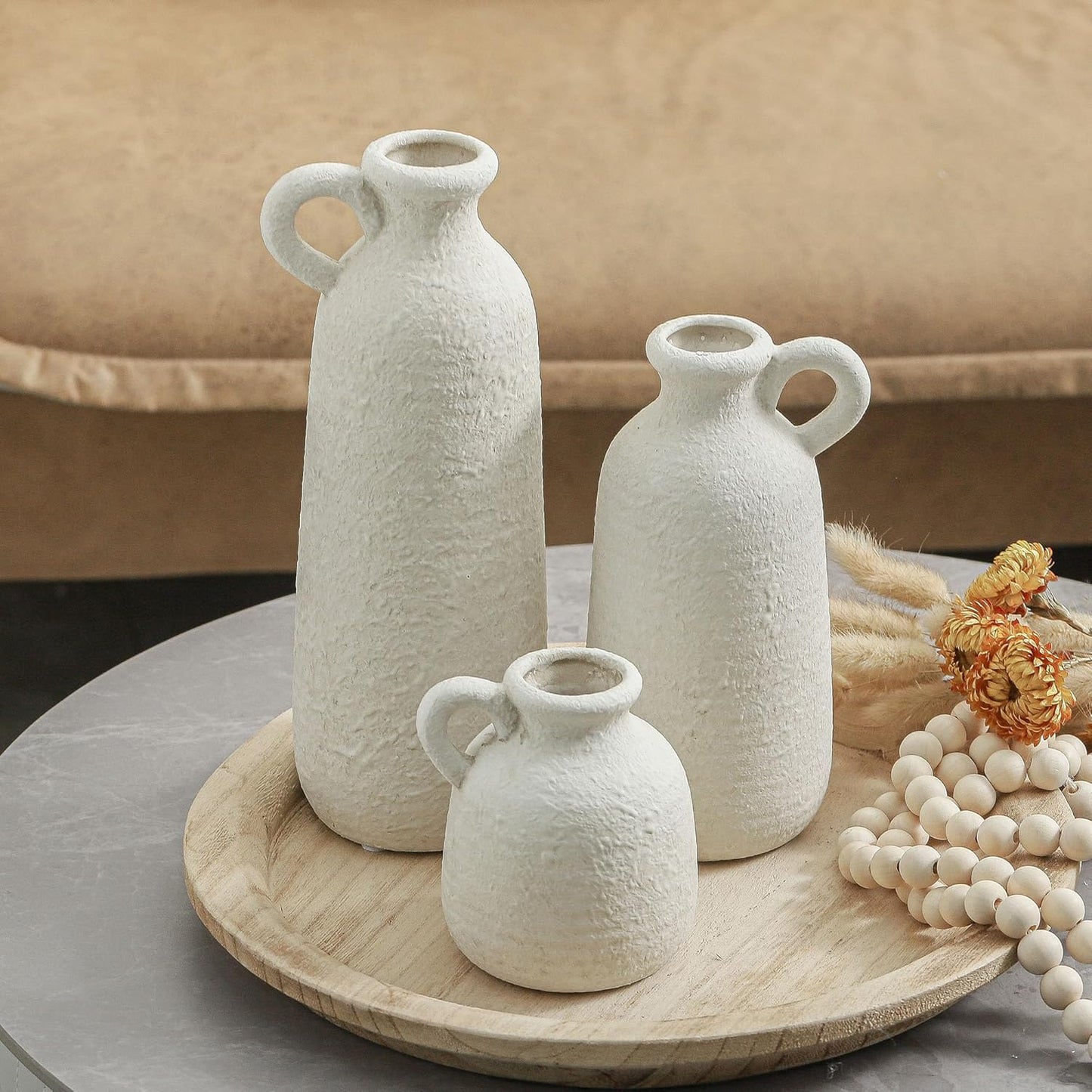 Ceramic Vase / 010 Vase Set with Handle - White / Set of 3