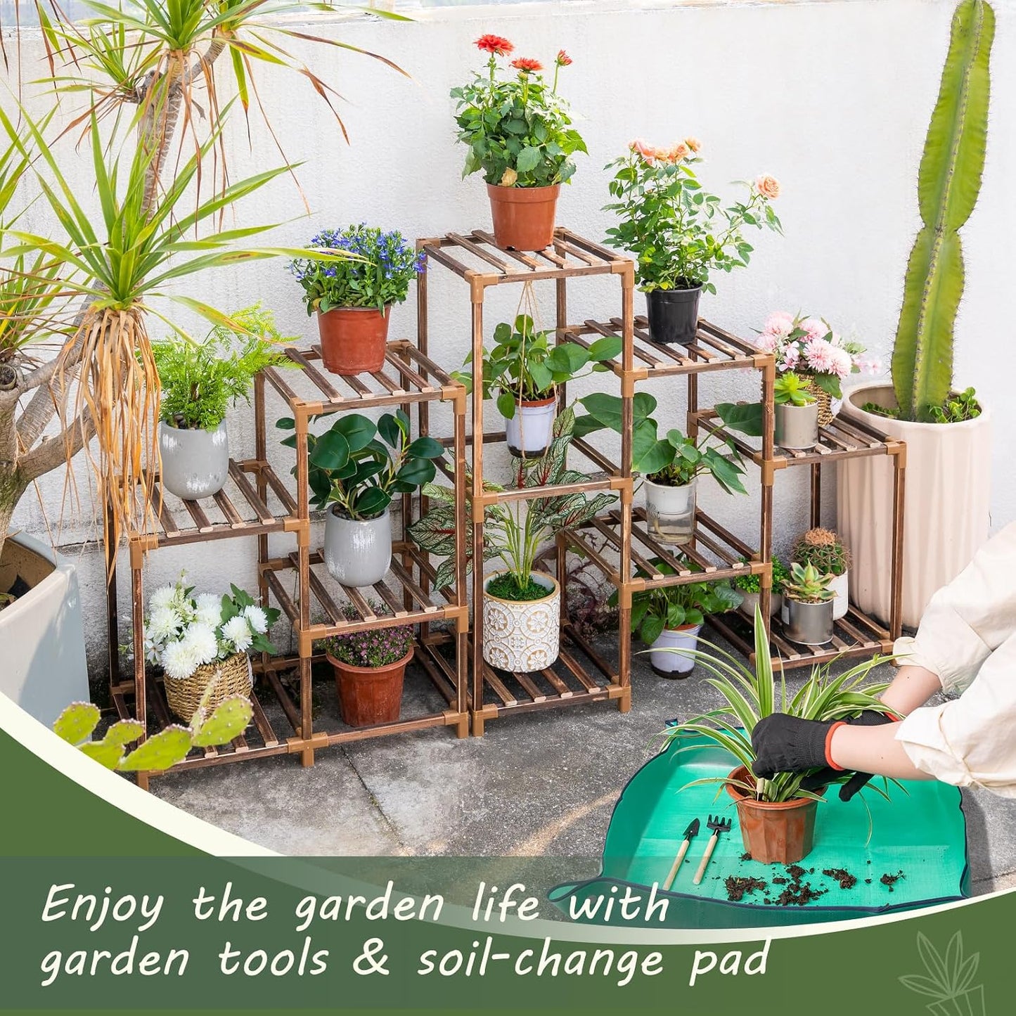 Plant Stand Indoor Outdoor, 10 Tiered Plant Shelf Wood Plant Rack | Tall Plant Holder for Multiple Plants, Combination