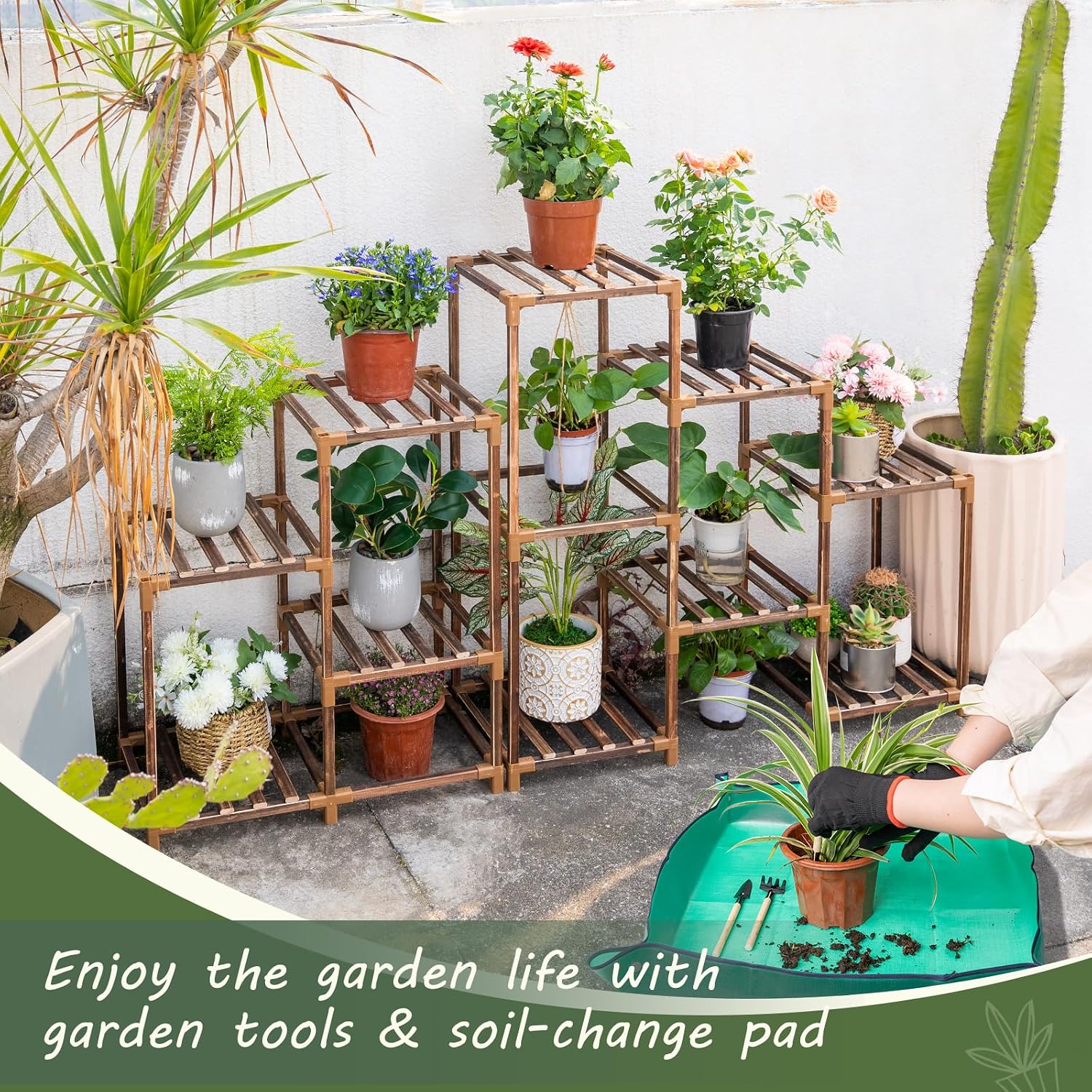 Plant Stand Indoor Outdoor, 10 Tiered Plant Shelf Wood Plant Rack | Tall Plant Holder for Multiple Plants, Combination