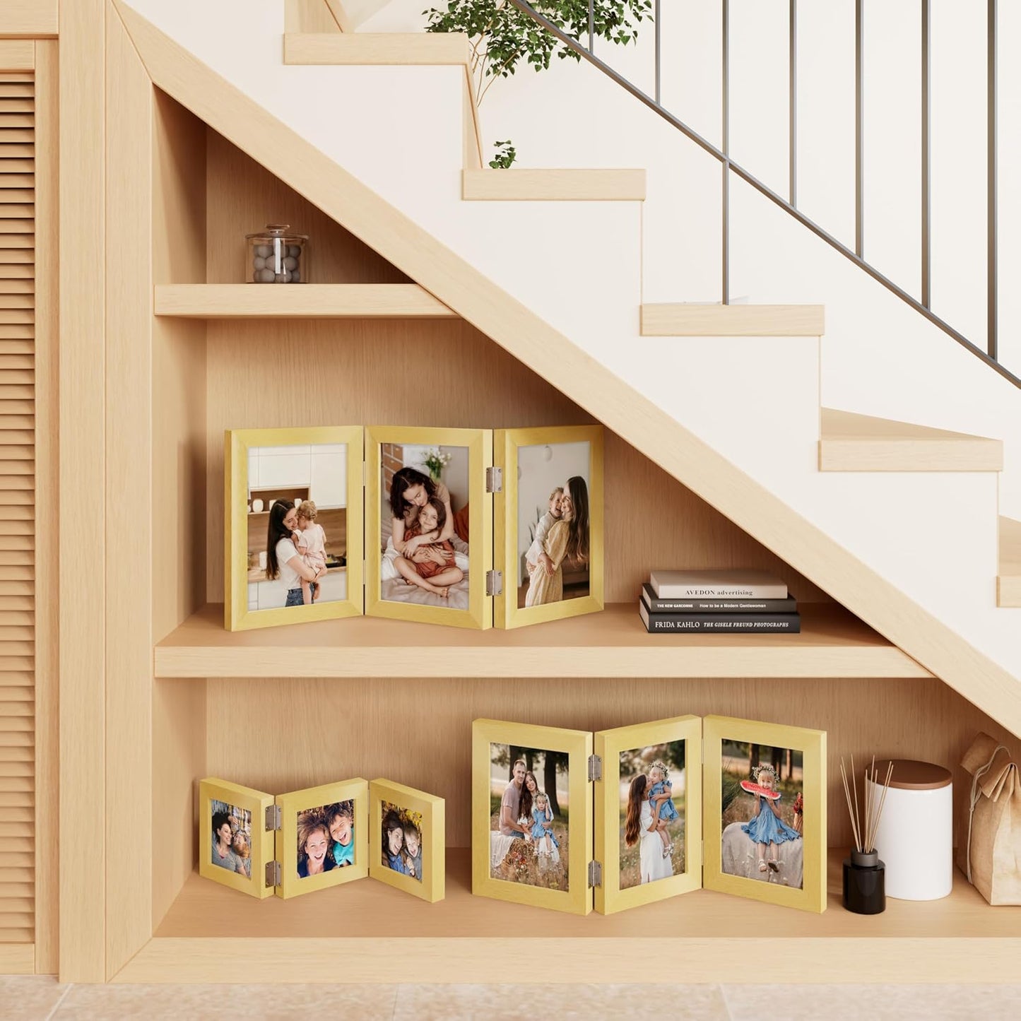 decorUhome Gold Triple 8x10 Picture Frame Vertical, MDGD08 | "Z" Shape Folding Design Engineered Wood Trifold Photo
