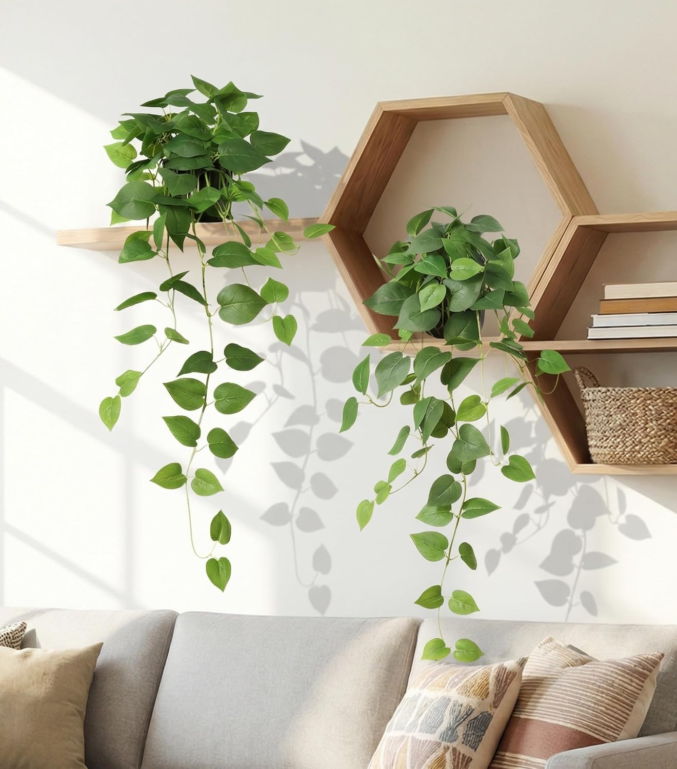 Fake Plants Faux Pothos Plants Potted Indoor Artificial Hanging / Green Pothos Potted / Set of 2