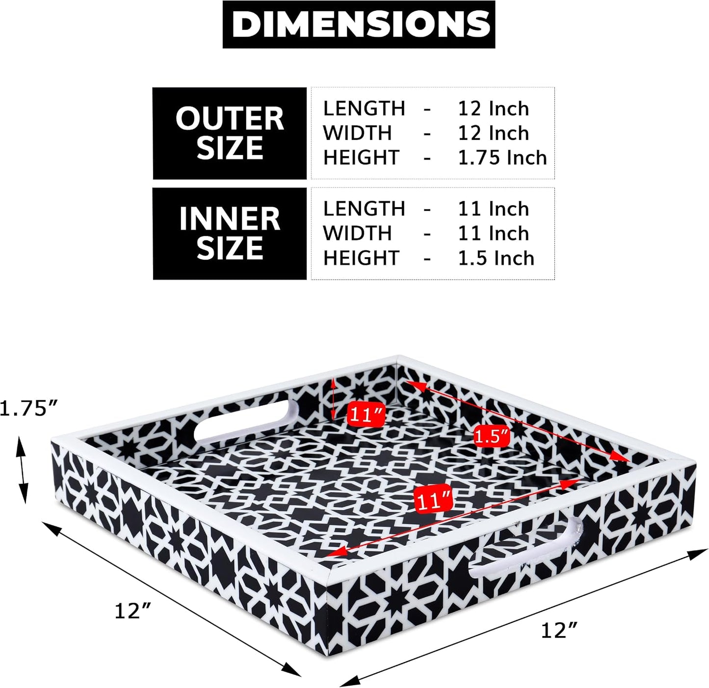 Ottoman Tray / Shiraz Pattern Square Serving Tray for Centerpiece / 12 x 12 x 2 / Shiraz Petit