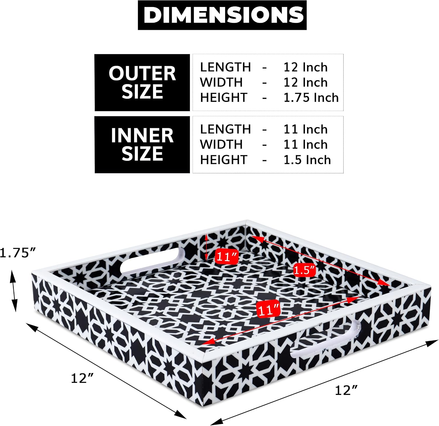 Ottoman Tray / Shiraz Pattern Square Serving Tray for Centerpiece / 12 x 12 x 2 / Shiraz Petit