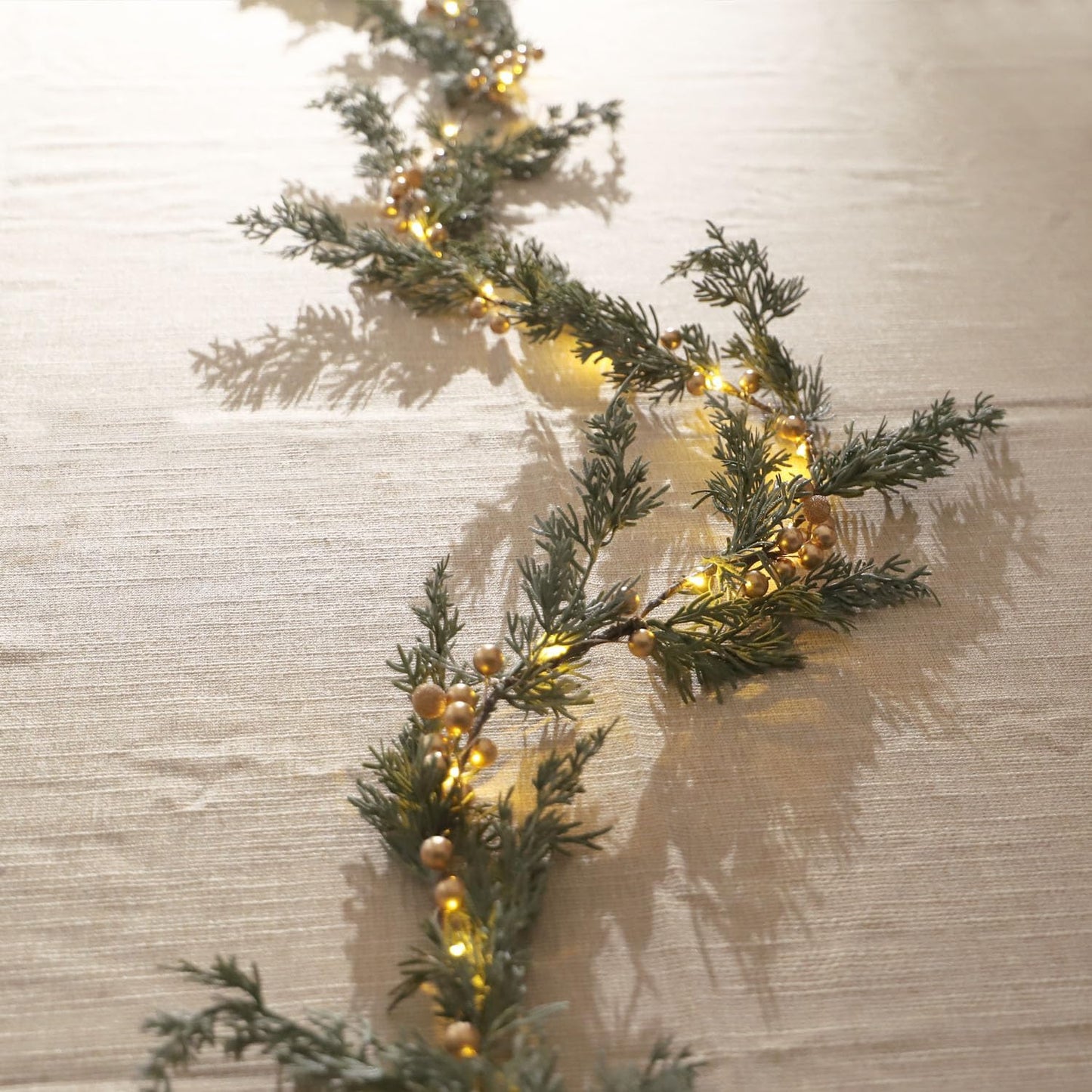 MIYA LIFE Evergreen Pine String Lights & Gold Berry 6.5FT & 25LEDs Lush Christmas Garland with Lights Battery Operated