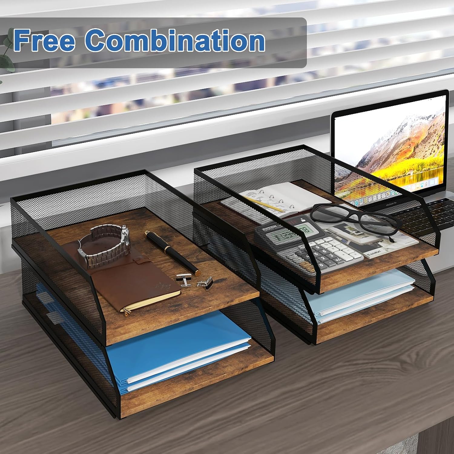 Natwind 4-Tier Stackable Metal Mesh Paper Organizer with Sliding Tray,Retro | Wooden Desk Organizer, Letter Tray For