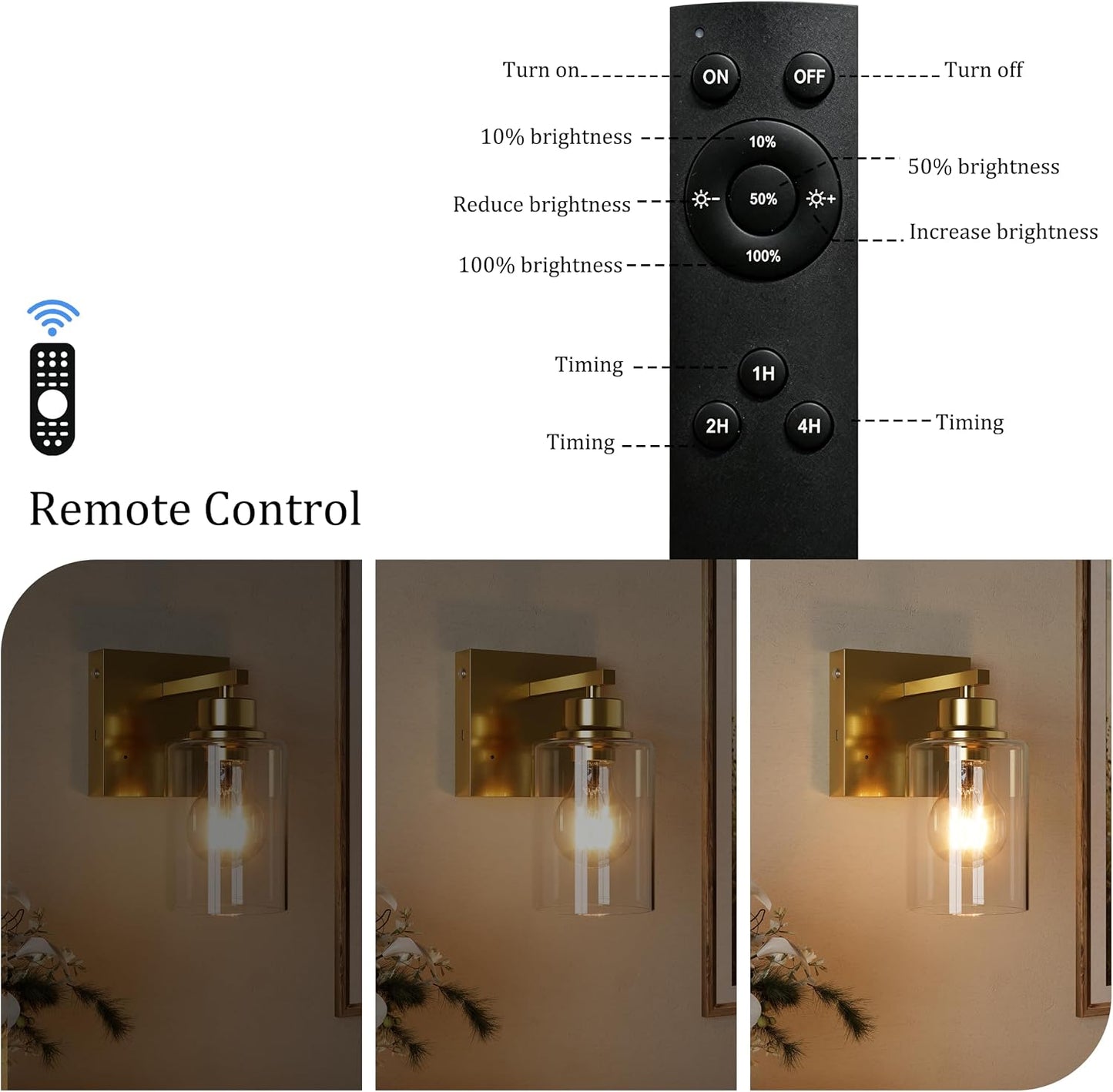 Rayogale Wireless Battery Operated Wall Sconce Set of 2 with Remote Control | Gold Dimmable Rechargeable Wall Lights