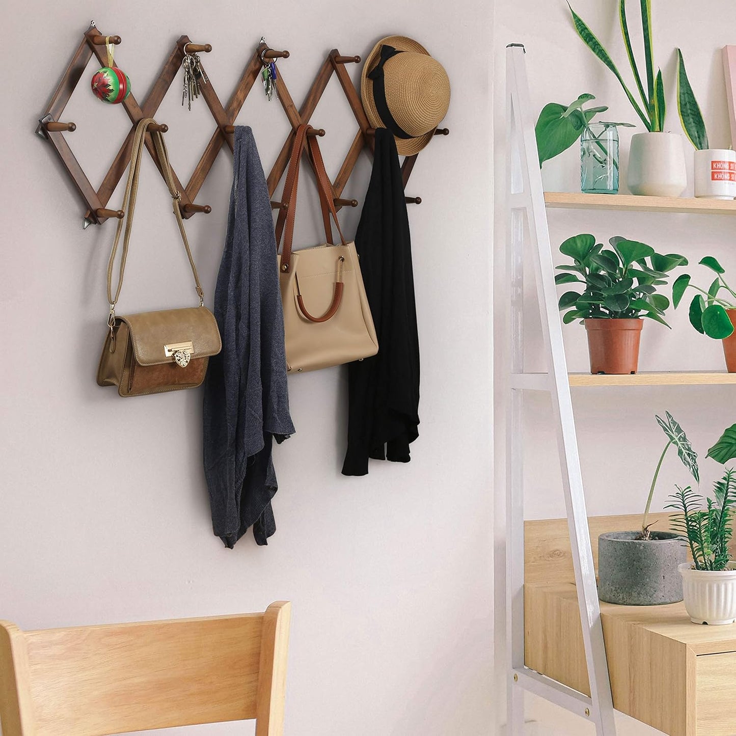 WEBI Accordion Wall Hanger, Wooden Coat Rack Wall Mounted, Hat & Cap Hook Rack, 16 Peg Hooks, Walnut Color