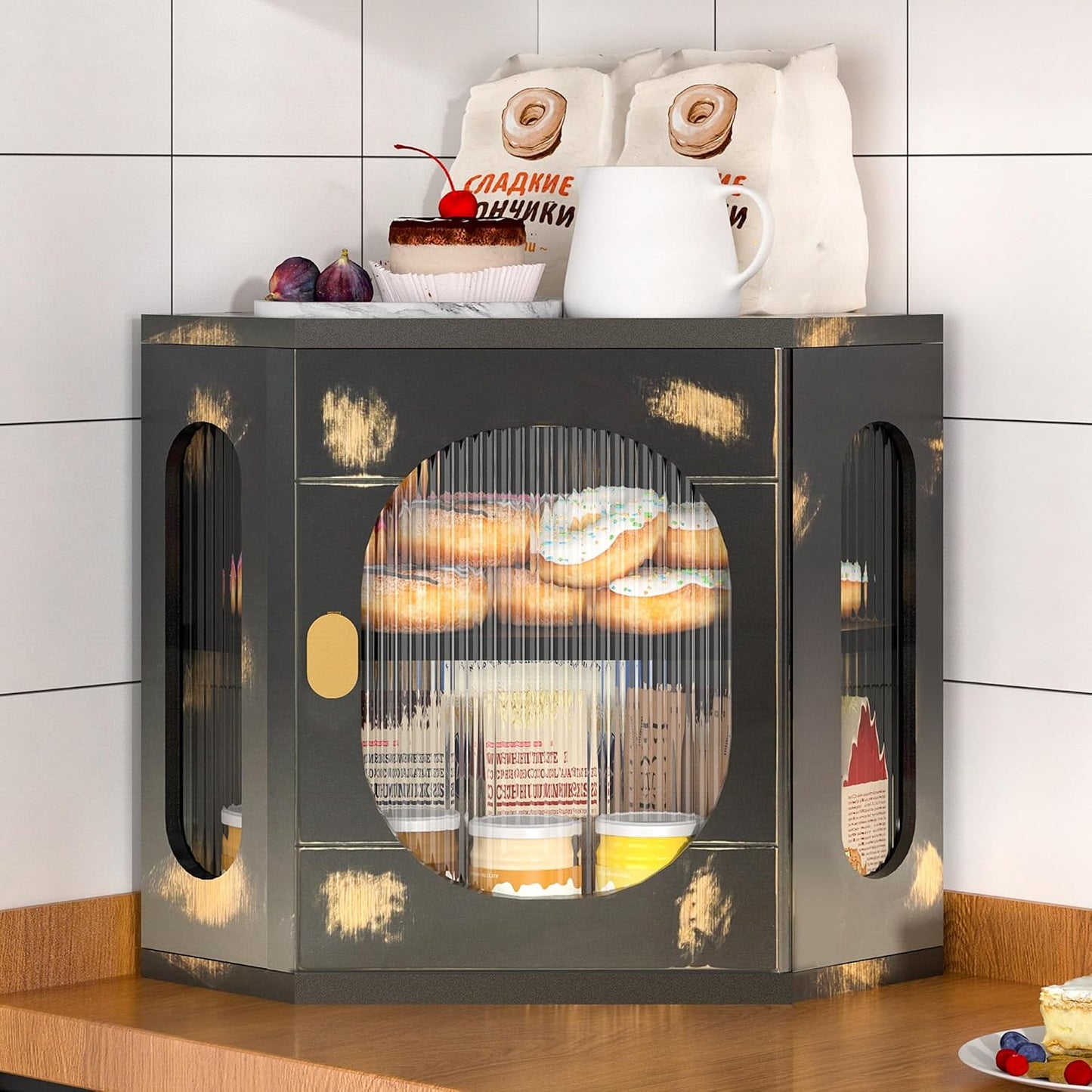 Corner Bread Box for Kitchen Countertop, Large Wooden Bread Box, Double Layer Bread Storage Bin, Bamboo Breadbox for