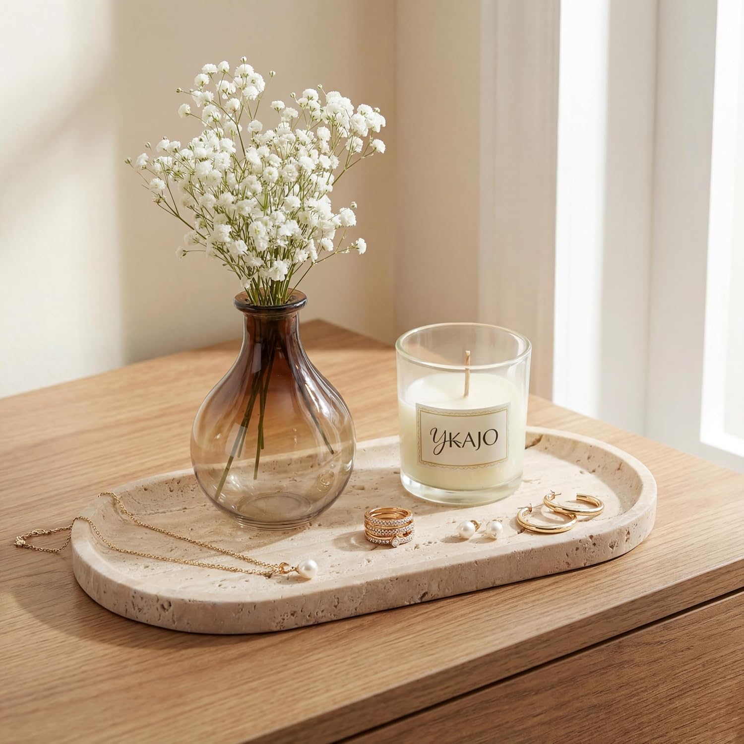 Oval Real Marble Tray / Natural Travertine Beige / 11.8 x 5.9