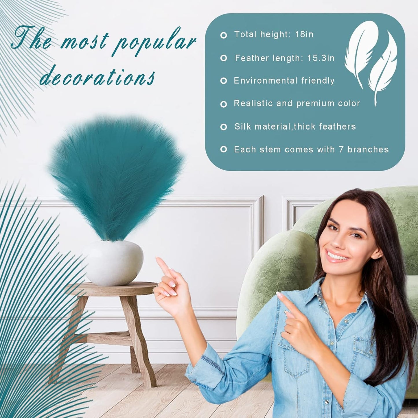 18" Fluffy Artificial Pampas Grass Branches for Vase Fillings / Blue / Set of 8