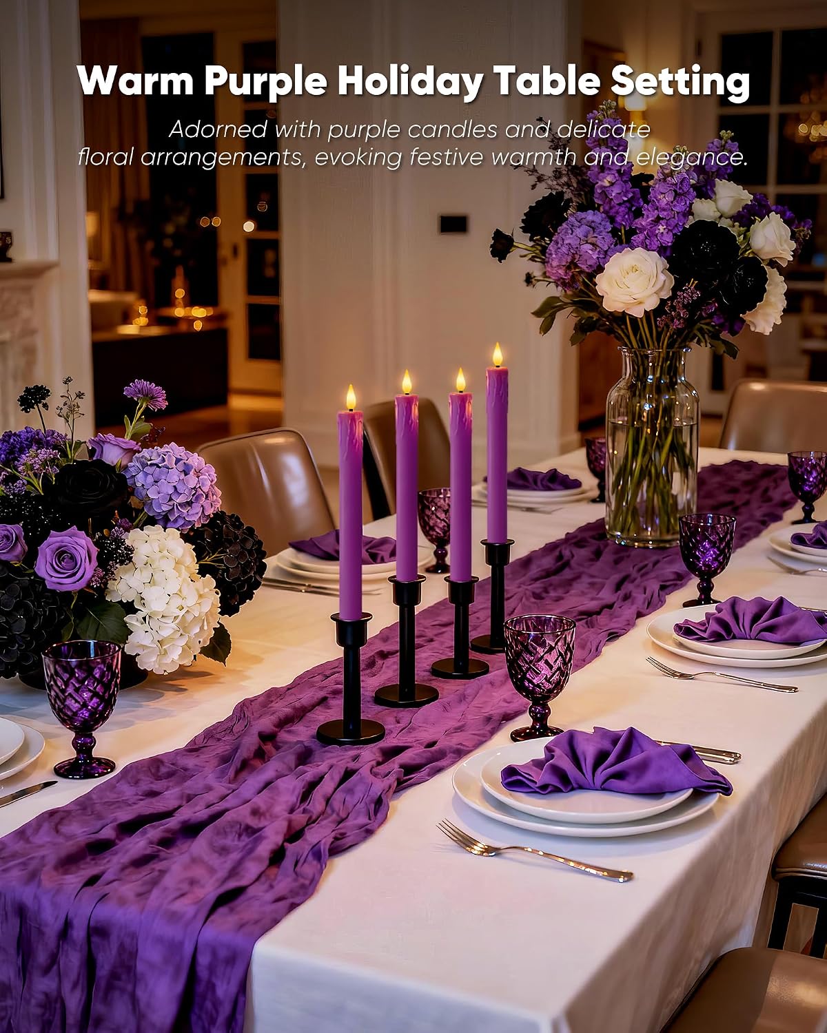 Homemory 6 Pcs Real Wax Purple Flameless Taper Candles with Remote Timer, 9.6 Inches LED Fake Candlesticks, LED Candle