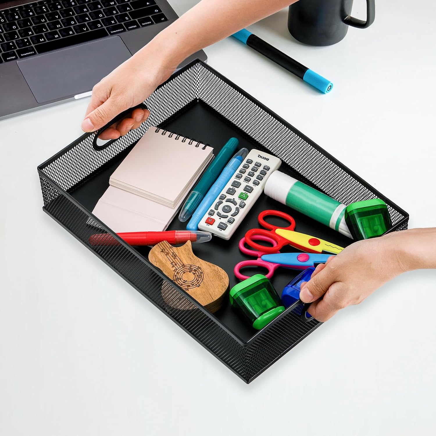 Elsjoy 2 Pack Desk Drawer Organizer Tray, Metal Mesh Desktop Storage Tray Office File Organizer with Handle, Portable