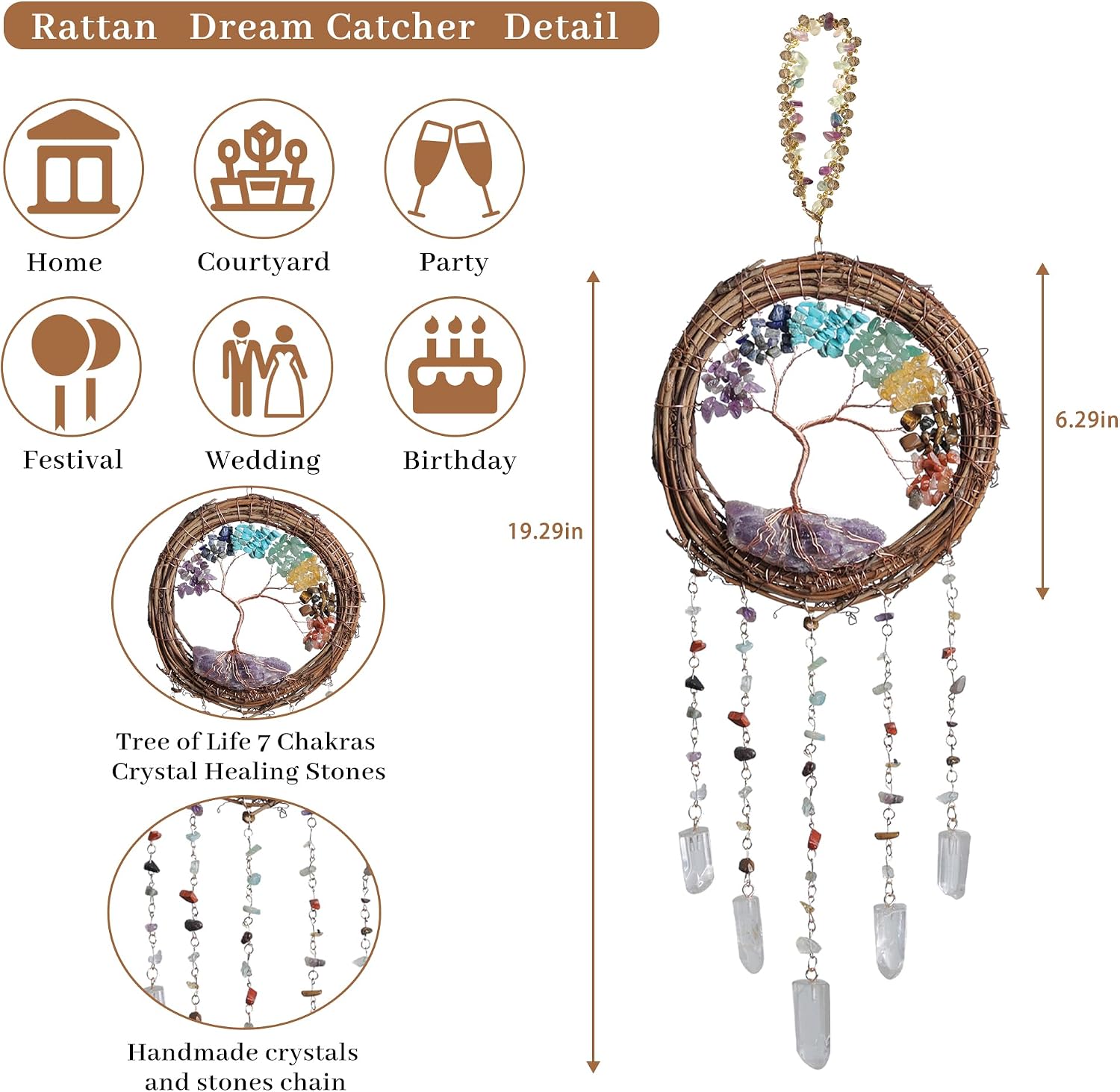 7 Chakra Tree of Life Dream Catcher Native Boho Dreamcatcher Rattan Wall Decor / Rattan-crystal