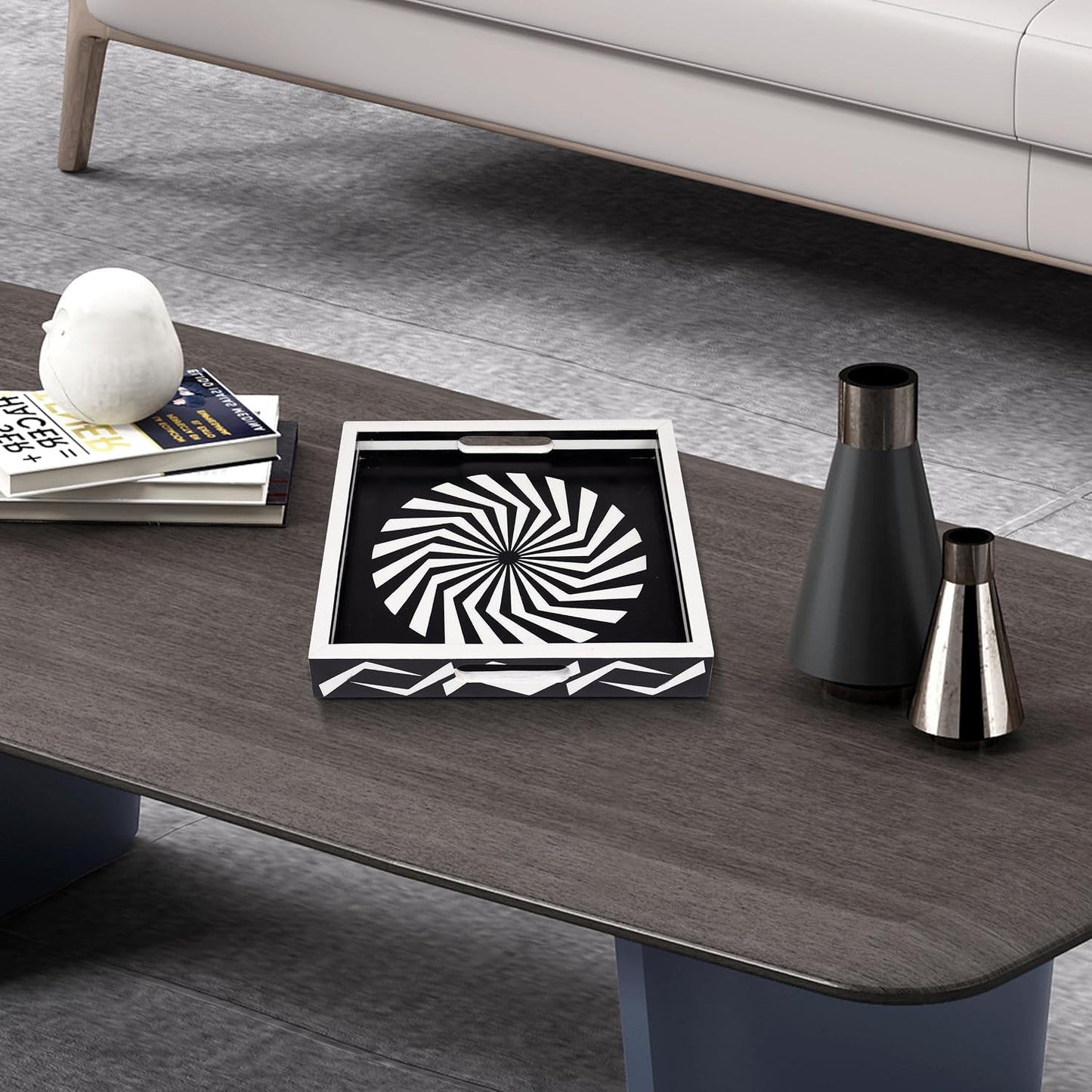 Ottoman Tray / White Decorative Tray / 12 x 12 x 1.5 / Illusion Optic / Black