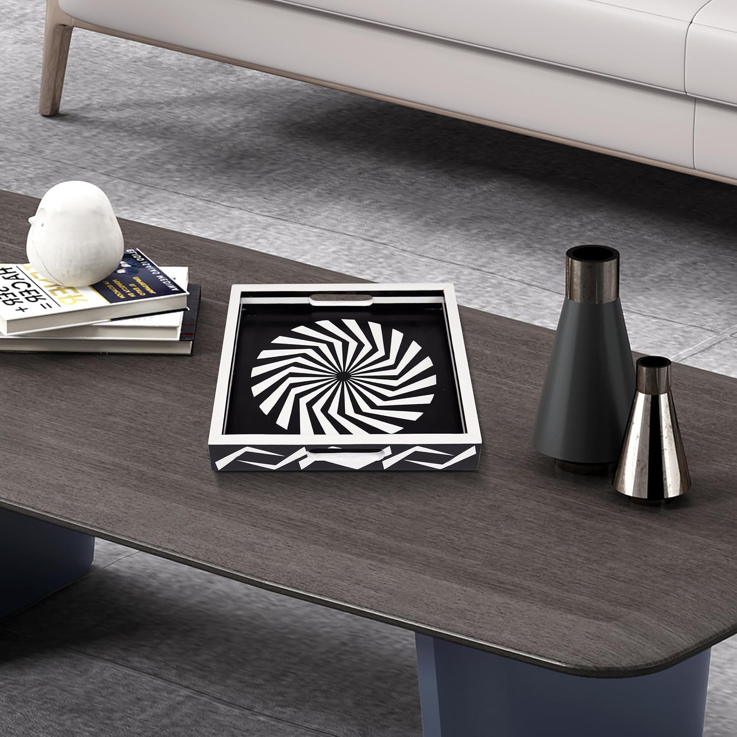 Ottoman Tray / White Decorative Tray / 12 x 12 x 1.5 / Illusion Optic / Black