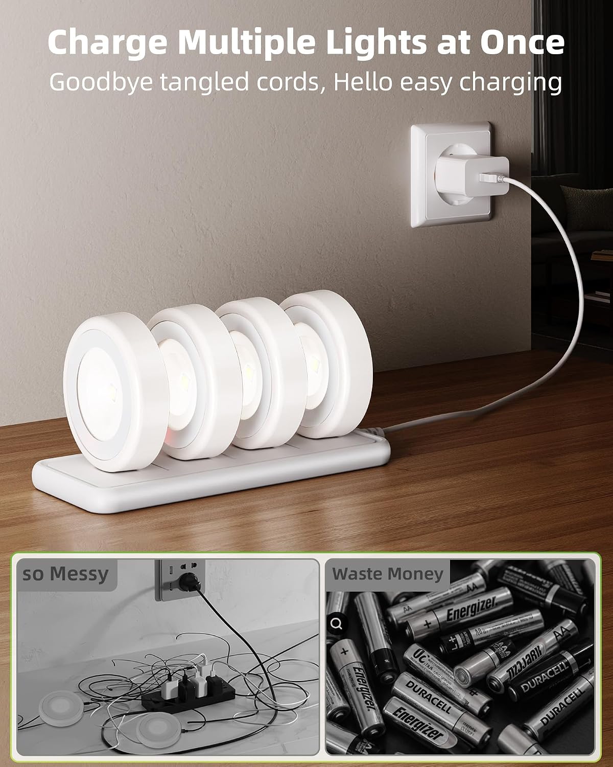 EZVALO LED Puck Lights with Charging Station, Rechargeable Stick On Tap Lights, Wireless Closet Light, 3 Color Temps