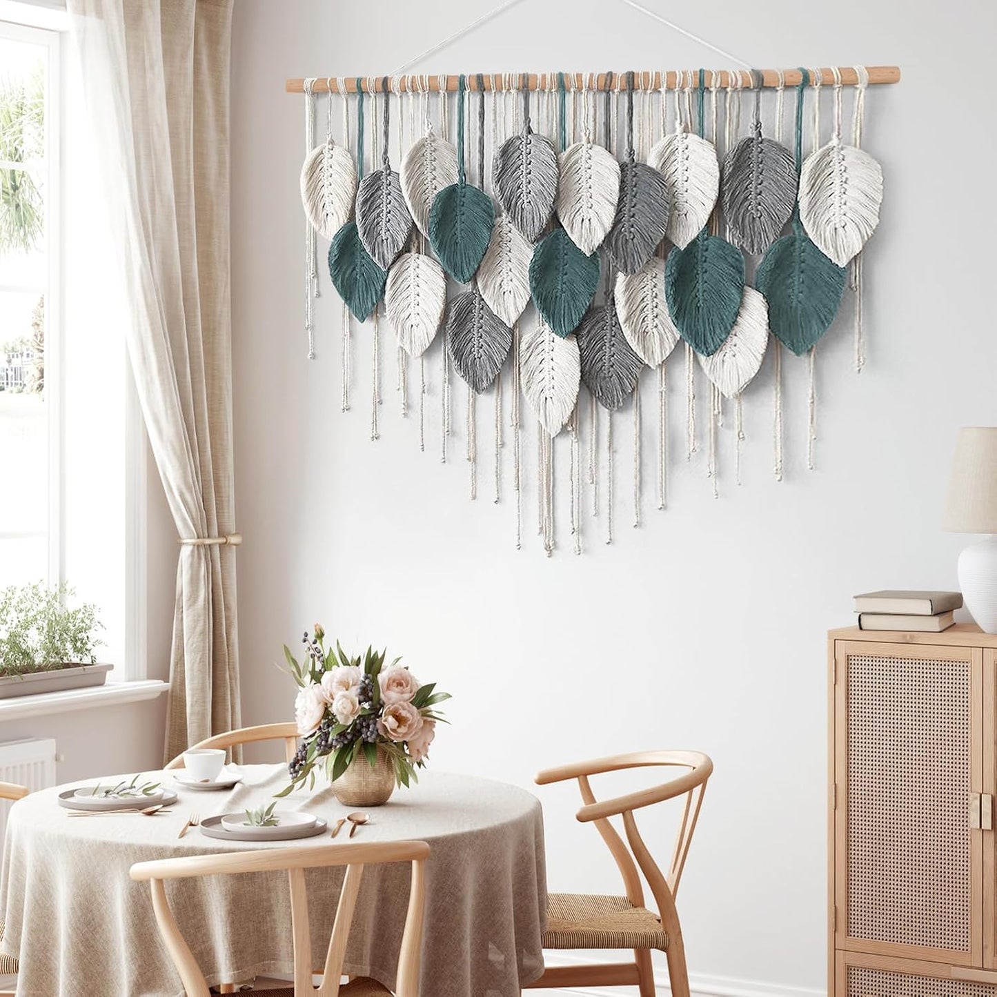 Large Macrame Wall Hanging Boho Home Decor / Grey Cyan-39"w x 29.5"L