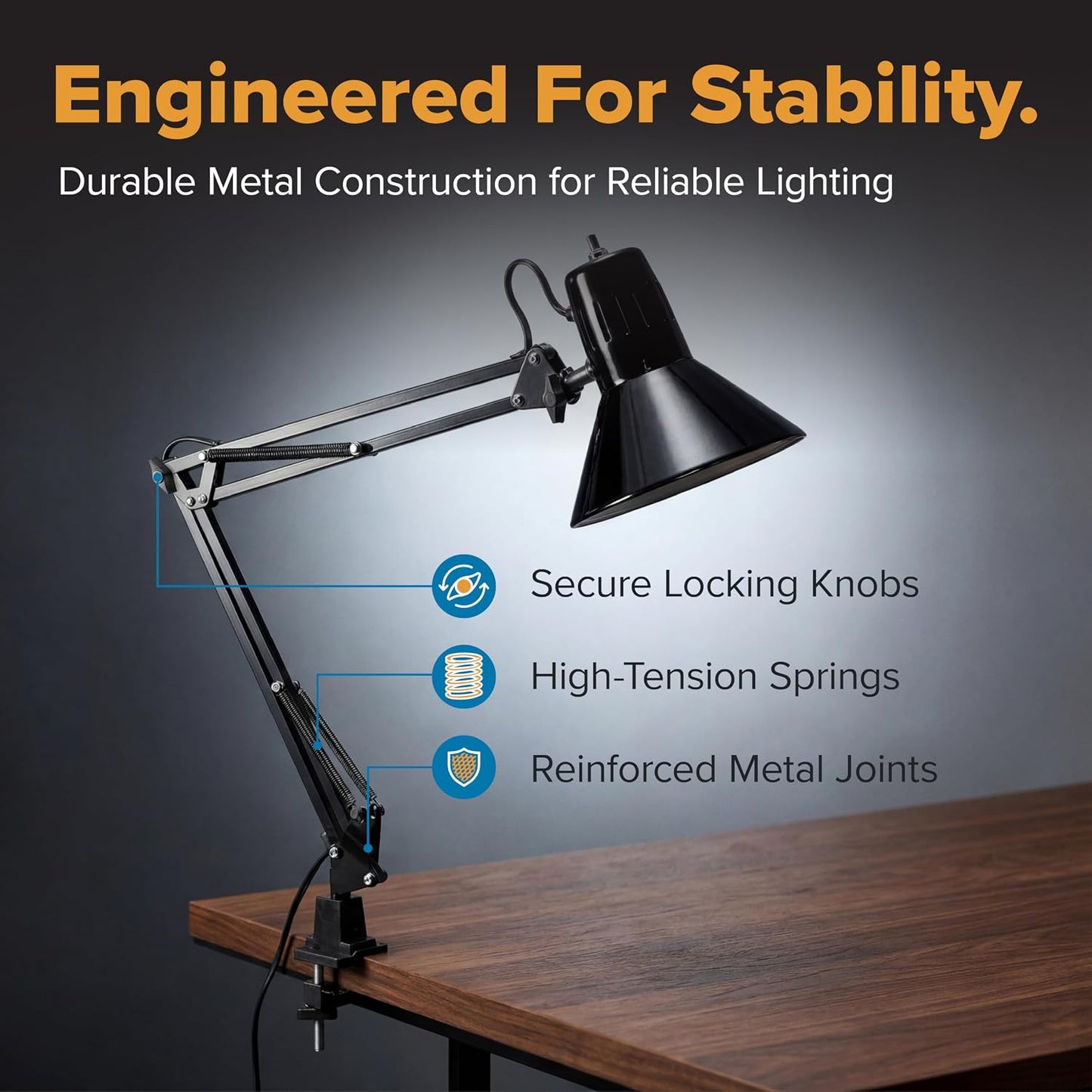 Bostitch Office VLF100 LED Swing Arm Desk Lamp with Clamp Mount, 36" Reach, Includes LED Bulb,Black