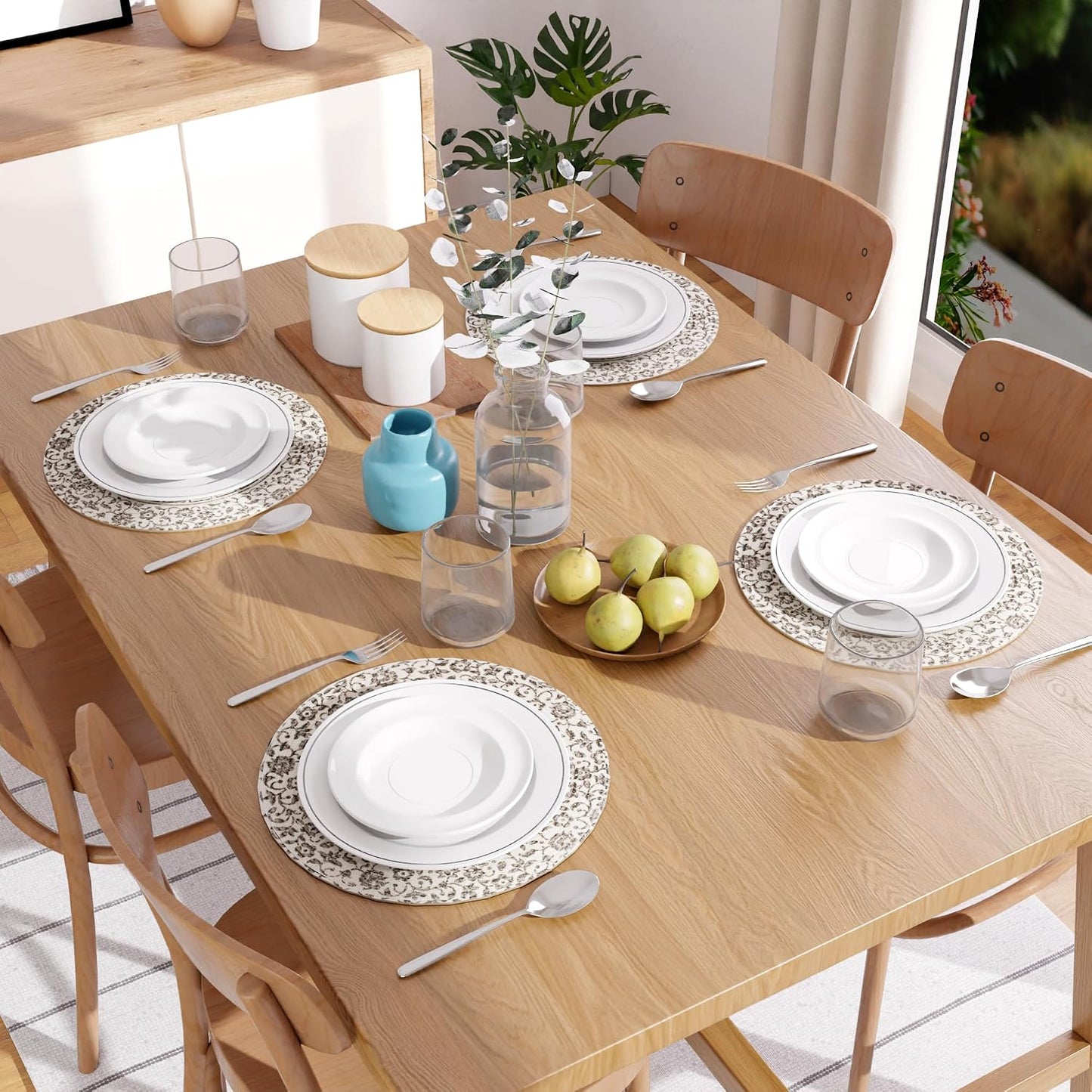 Encasa XO Placemats, Round Cotton Dining Table Mats 13" | Printed Grey, Handcrafted Ribbed Texture | Heat Resistant