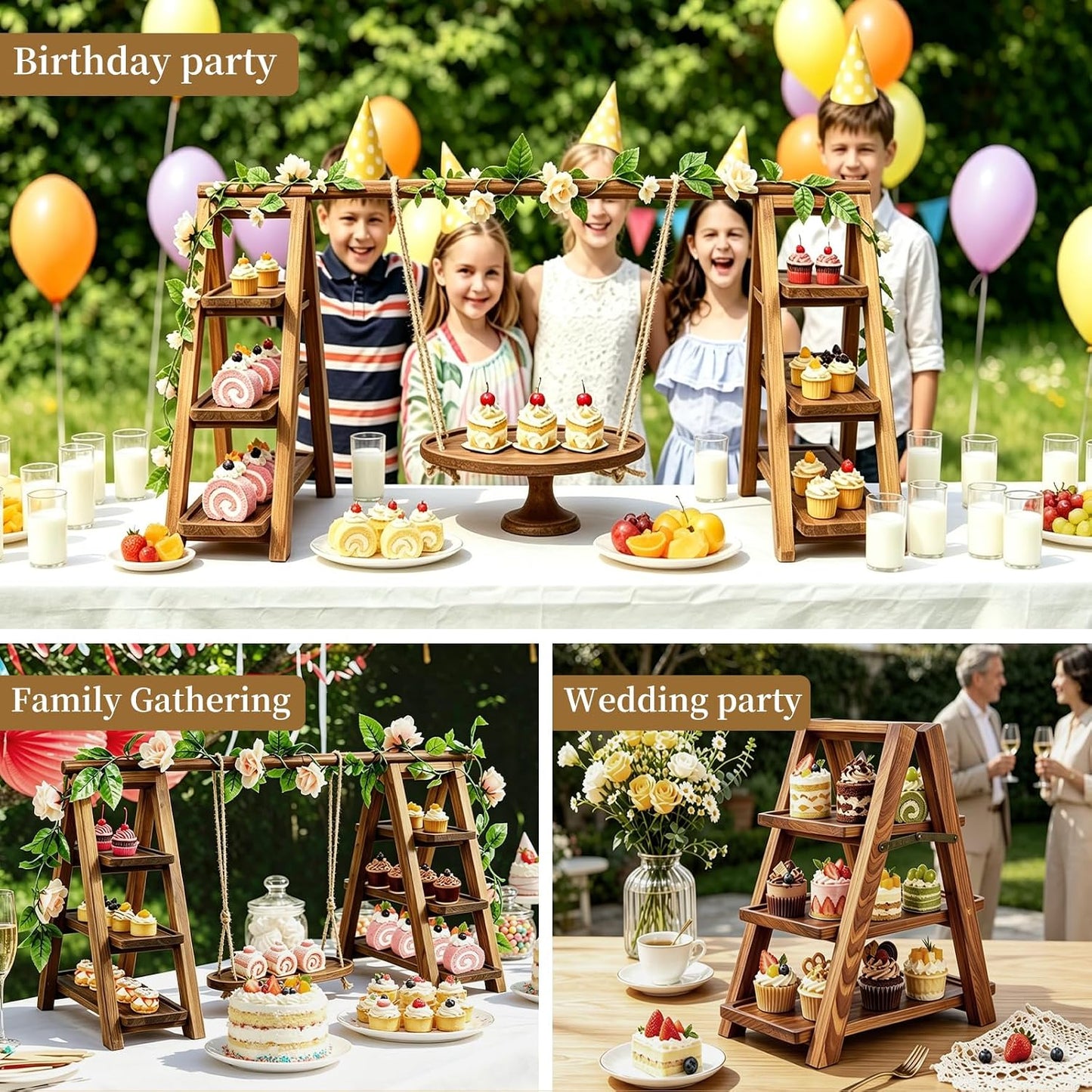 Large Wooden 3 Tier Swing Cupcake Stand / Brown