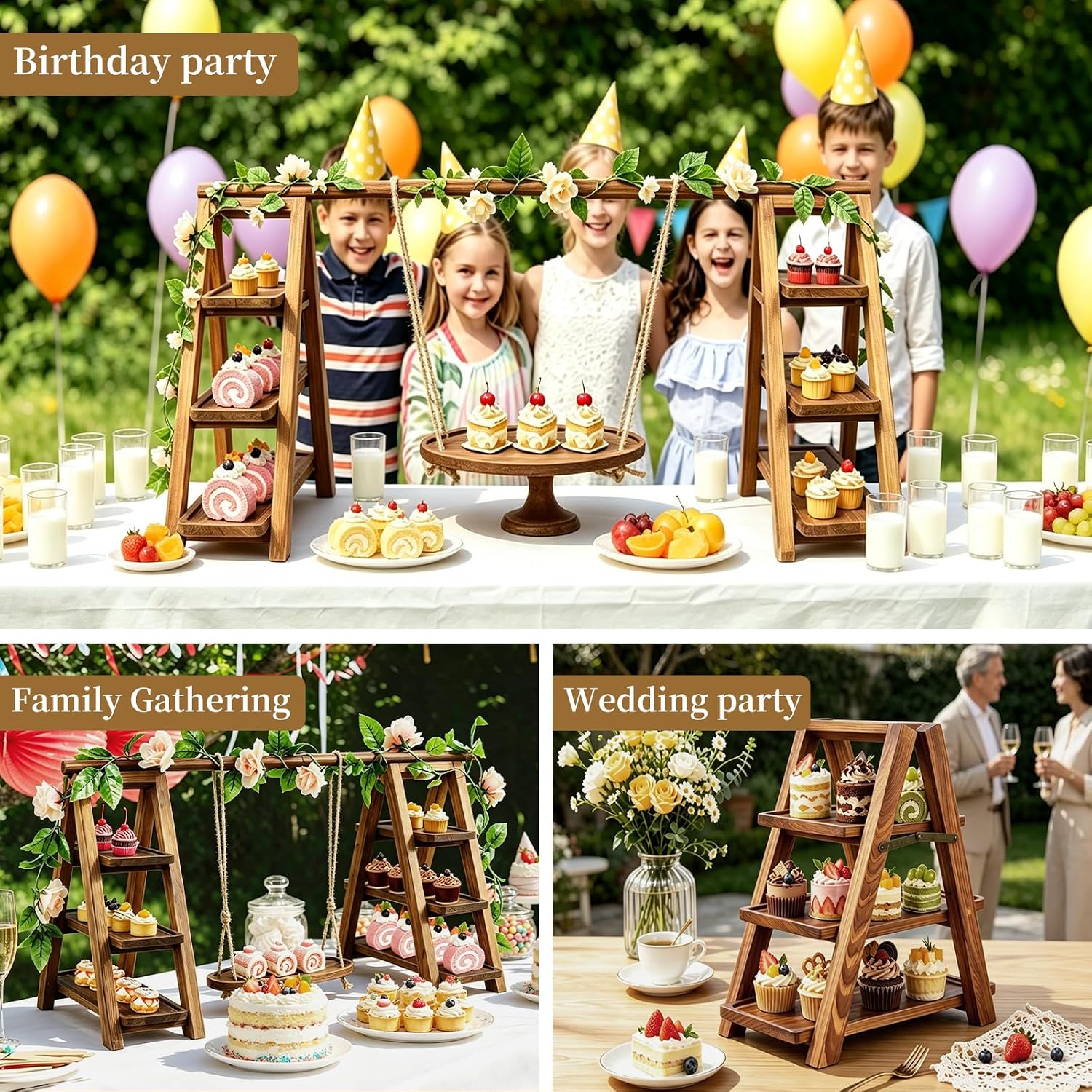 Large Wooden 3 Tier Swing Cupcake Stand / Brown