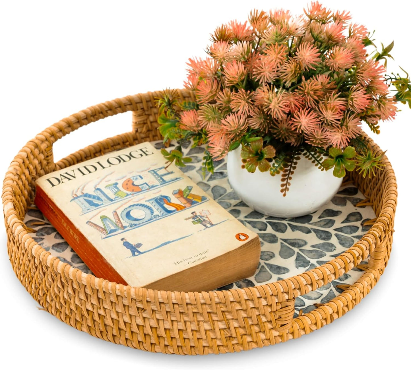 Round Rattan Tray / White- Black Leaves