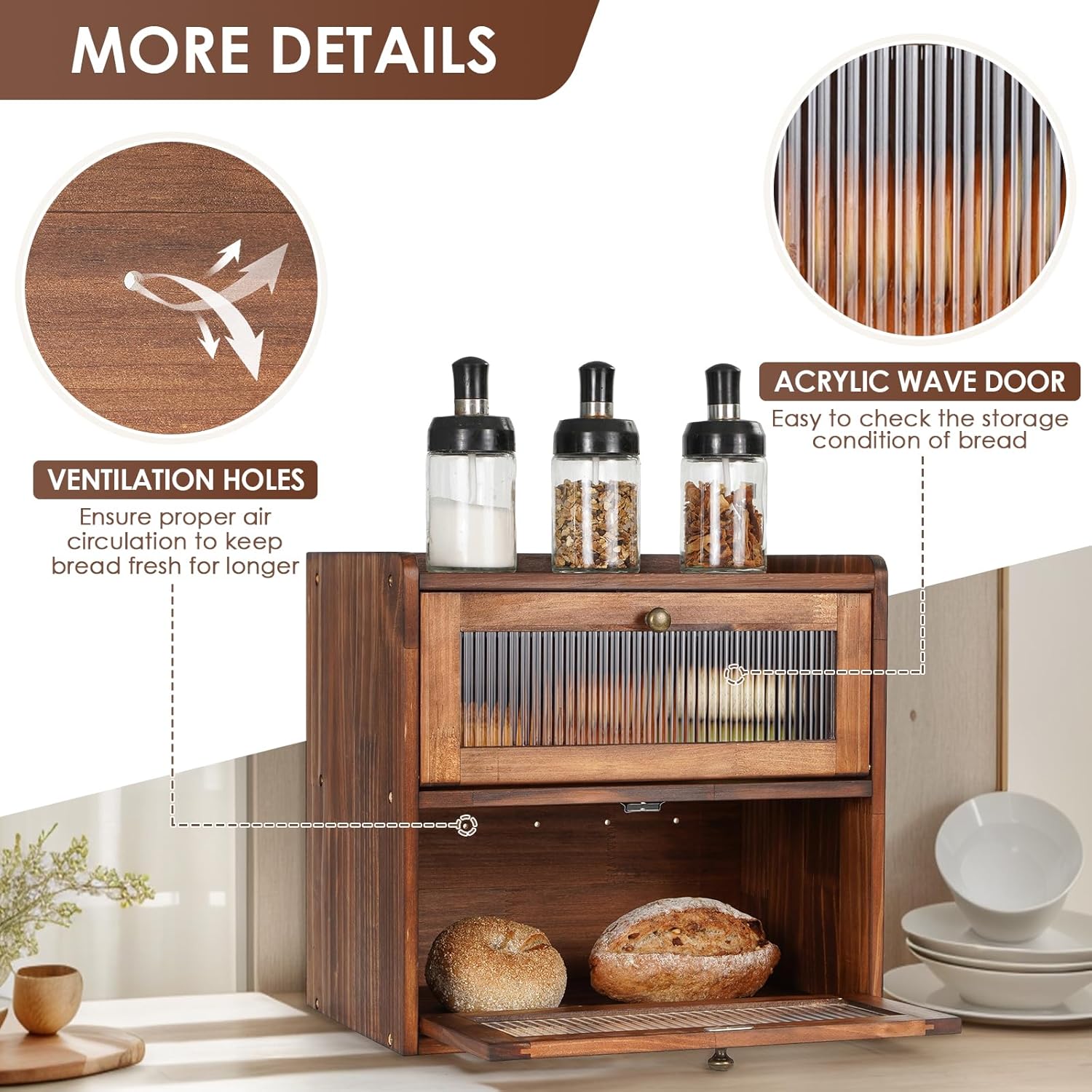 Sunhoo Bread Box for Kitchen Countertop Wooden Bread Storage Container Bin 2 Layer Breadbox Holder Large Capacity
