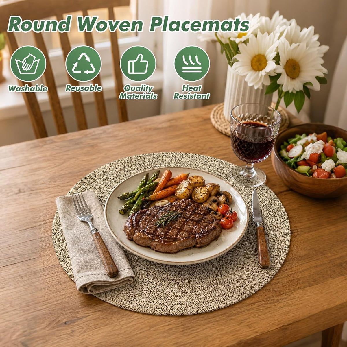8 Pack Round Woven Placemats 13.5 Inches Heat Resistant Placemats Farmhouse Cotton Rope Braided Place Mats for Dining