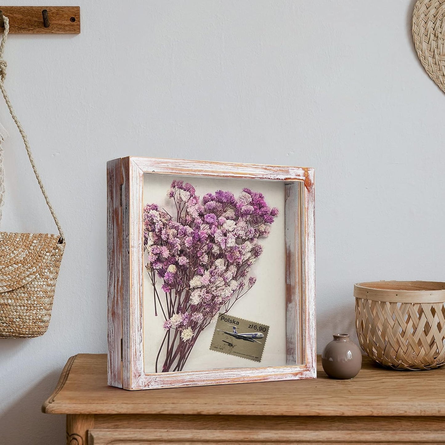 TJ.MOREE Shadow Box 11 x 11 Display Case Wood Picture Frame White Pink | Memory Box with Linen Back for Memorabilia
