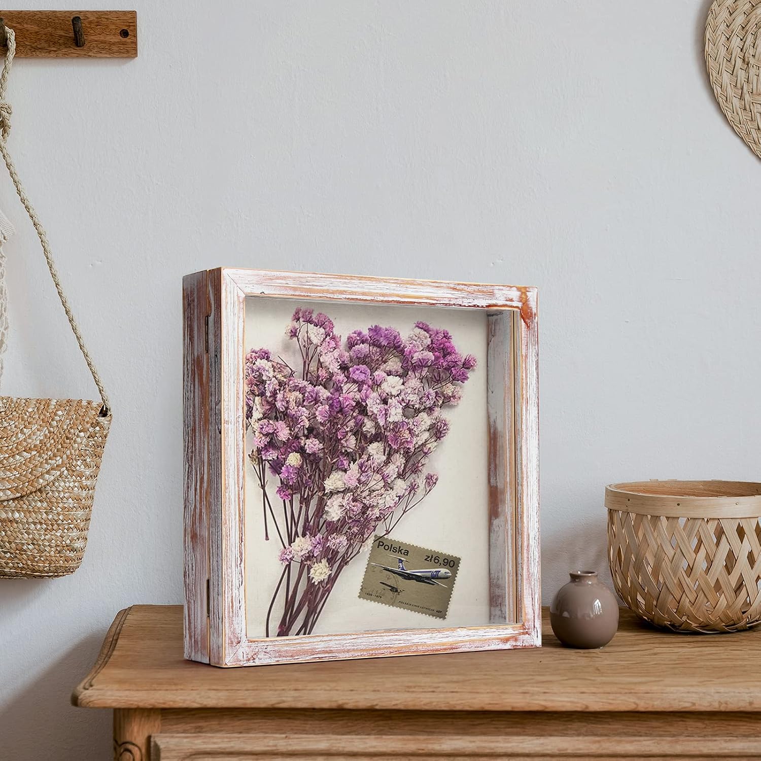 TJ.MOREE Shadow Box 11 x 11 Display Case Wood Picture Frame White Pink | Memory Box with Linen Back for Memorabilia