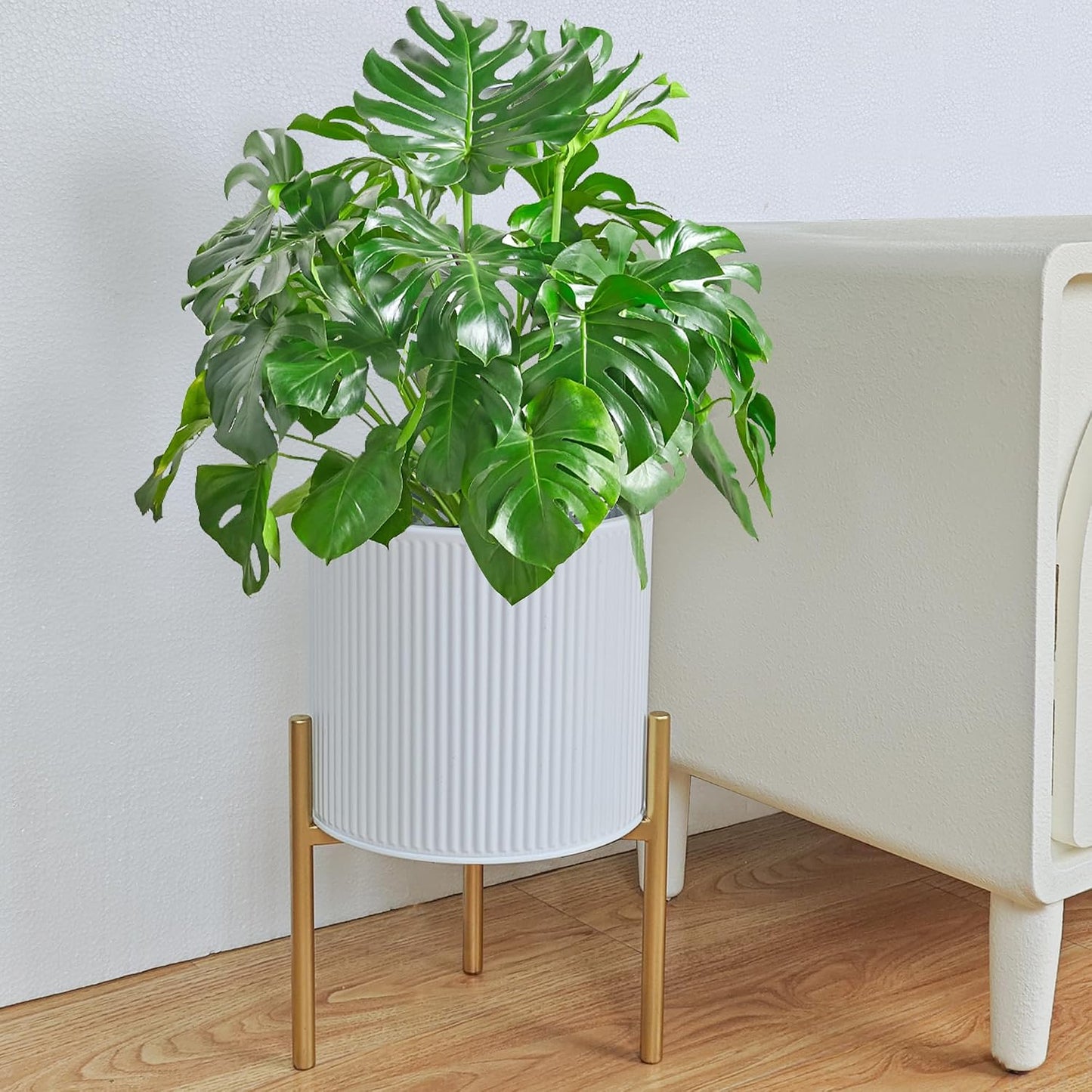 ARNIS Modern Planter Pots, Set of 2 Round Large Planters with Stand, Decorative Floor Planters, Metal Pots with