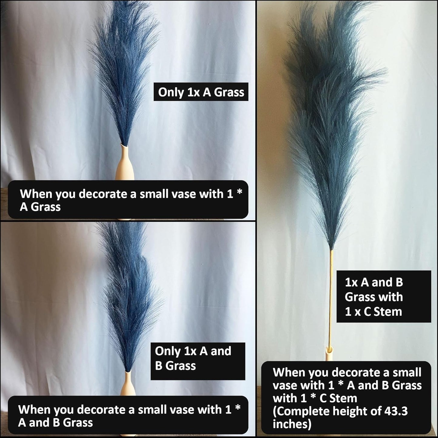 Artificial Pompas Grass Branches / 43.3'' Tall / Navy Blue