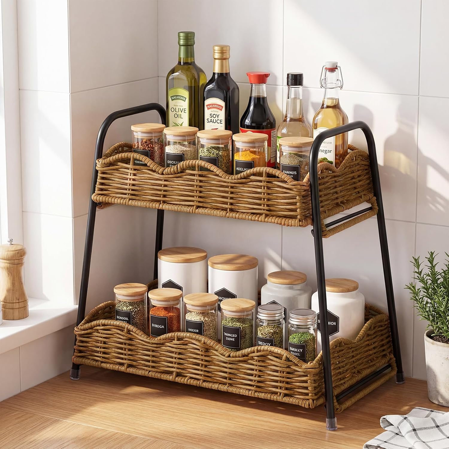 2 Tier Stackable Cabinet Organizer Shelves / 2-tier Rectangular / 12.8 x 8.7 x 12 / Dark / Natural