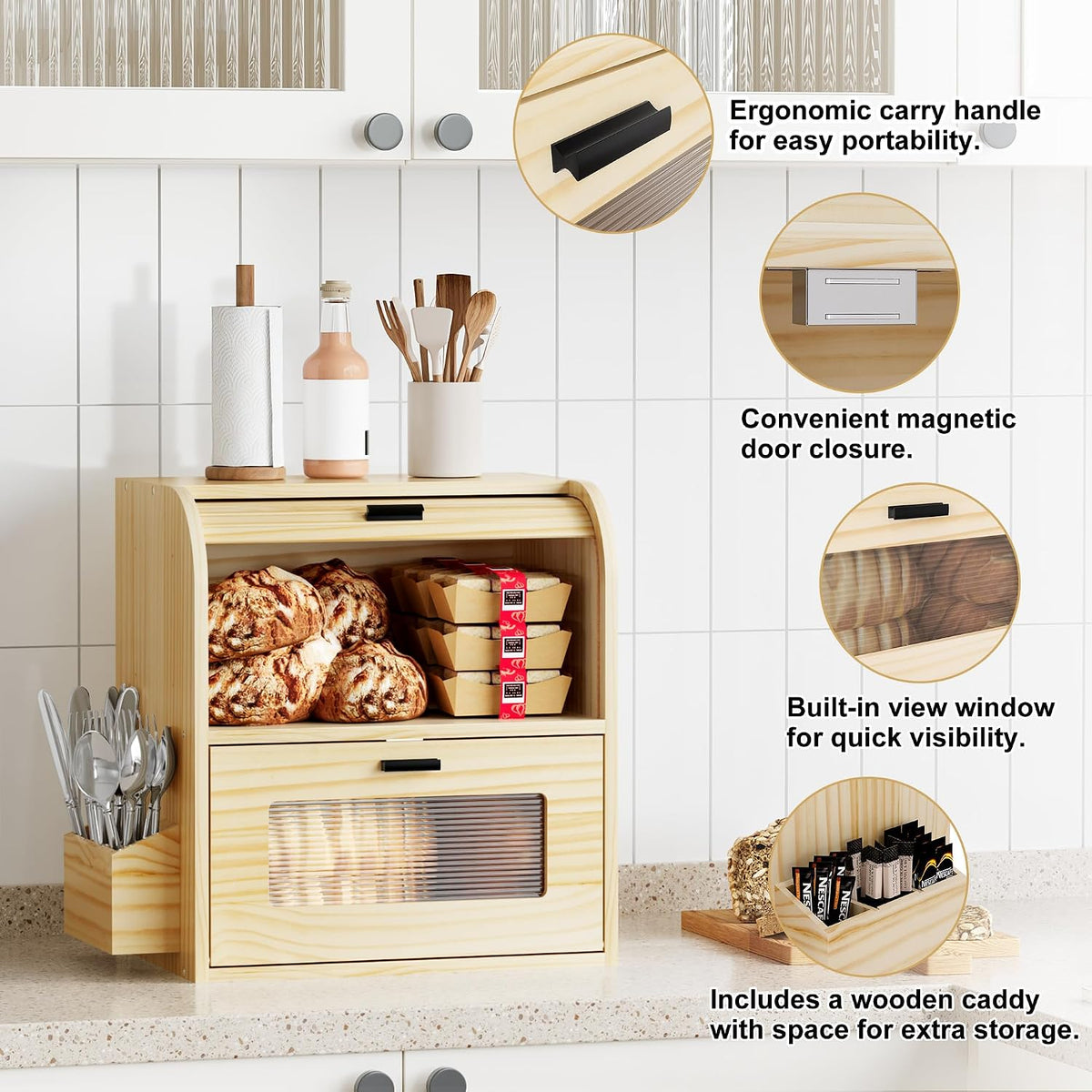 TQVAI Roll Top Bread Box for Kitchen Countertop, Keep Fresh Longer, Easy to Maintenance, Double Layer Vintage Wooden