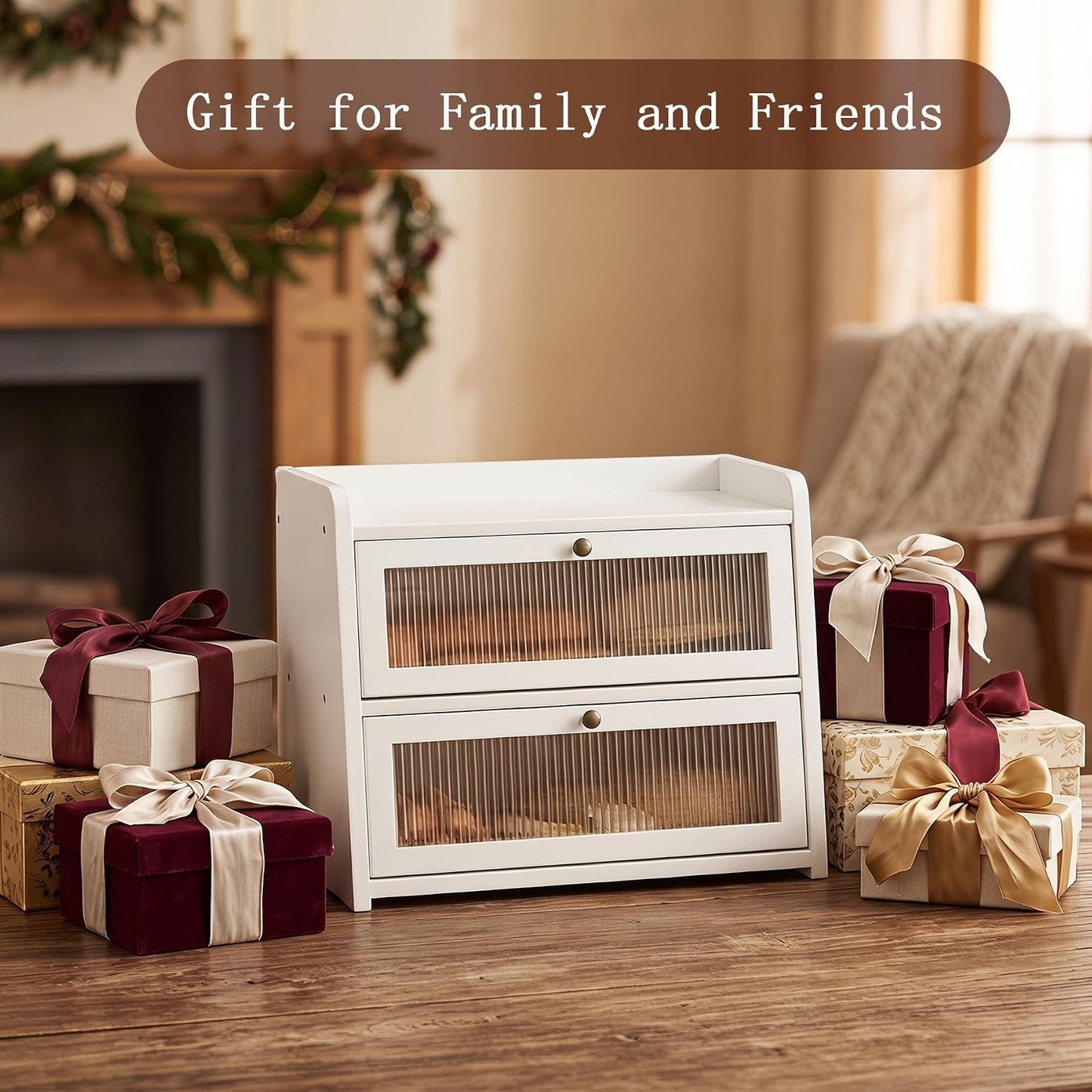 Double Layer Large Bamboo Bread Box for Kitchen Counter, Wooden Large Capacity Bread Storage Bin with Window Bread