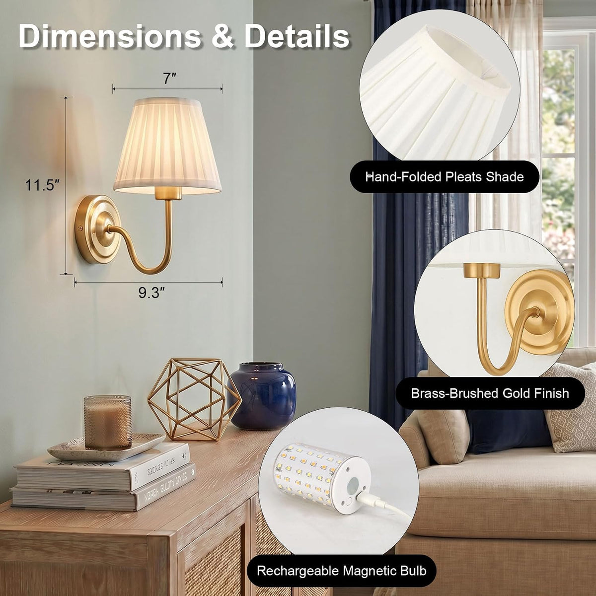 Gold Wireless Wall Sconce Set of 2, Battery Operated Wall Lights with Remote Control & 3 CCT Color Temperature Dimmable