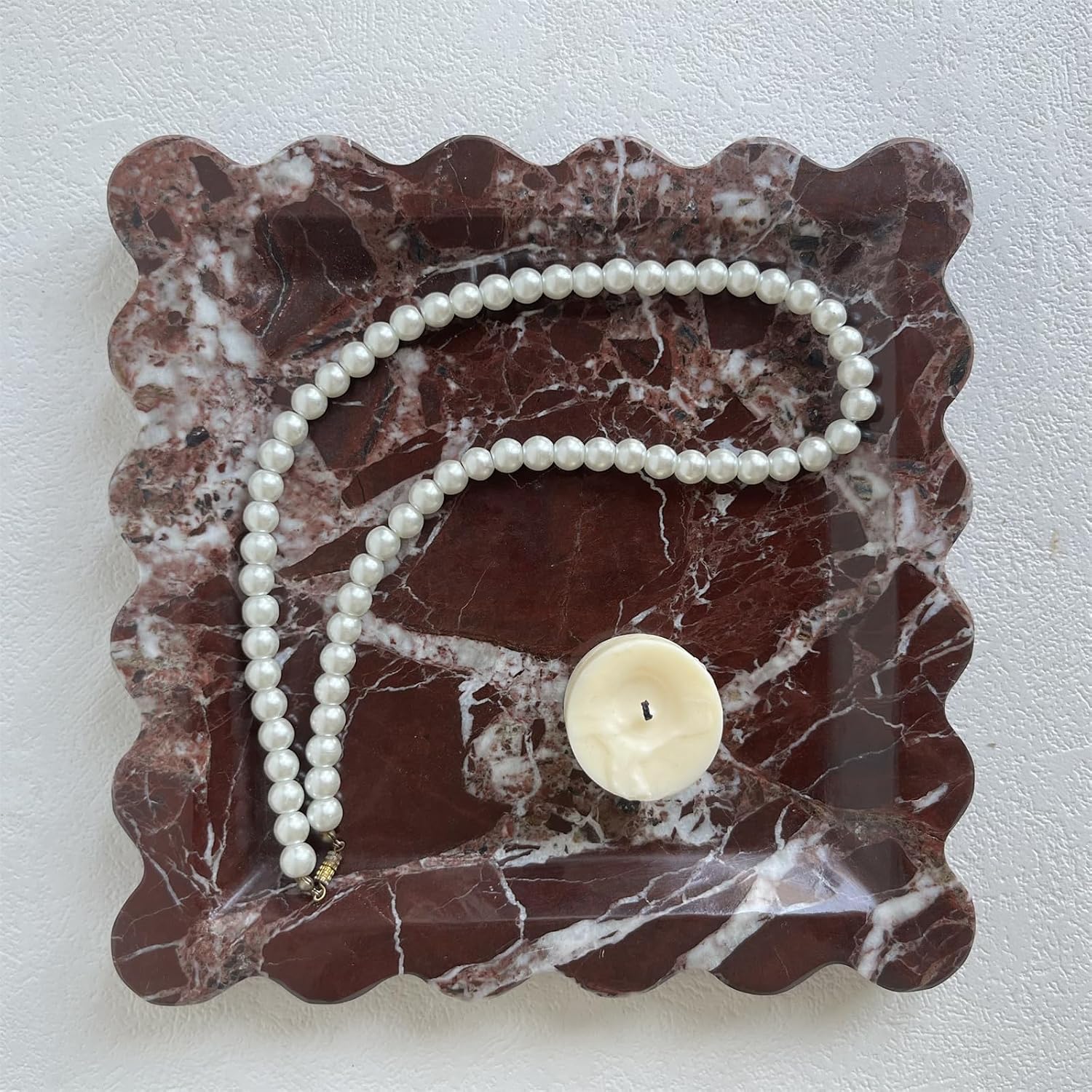 Vintage Marble Tray Small Ornaments Scalloped Tray Handmade Storage Dish / Rosa Levanto / Natural