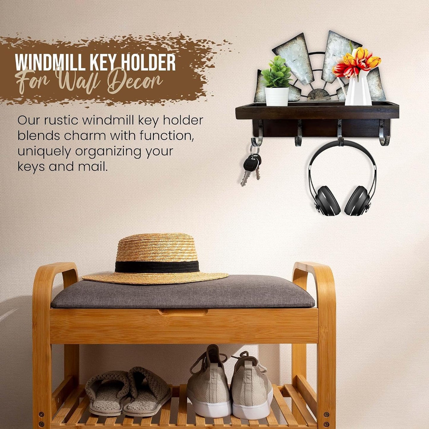 Windmill Key Holder Wall Mount / Brown