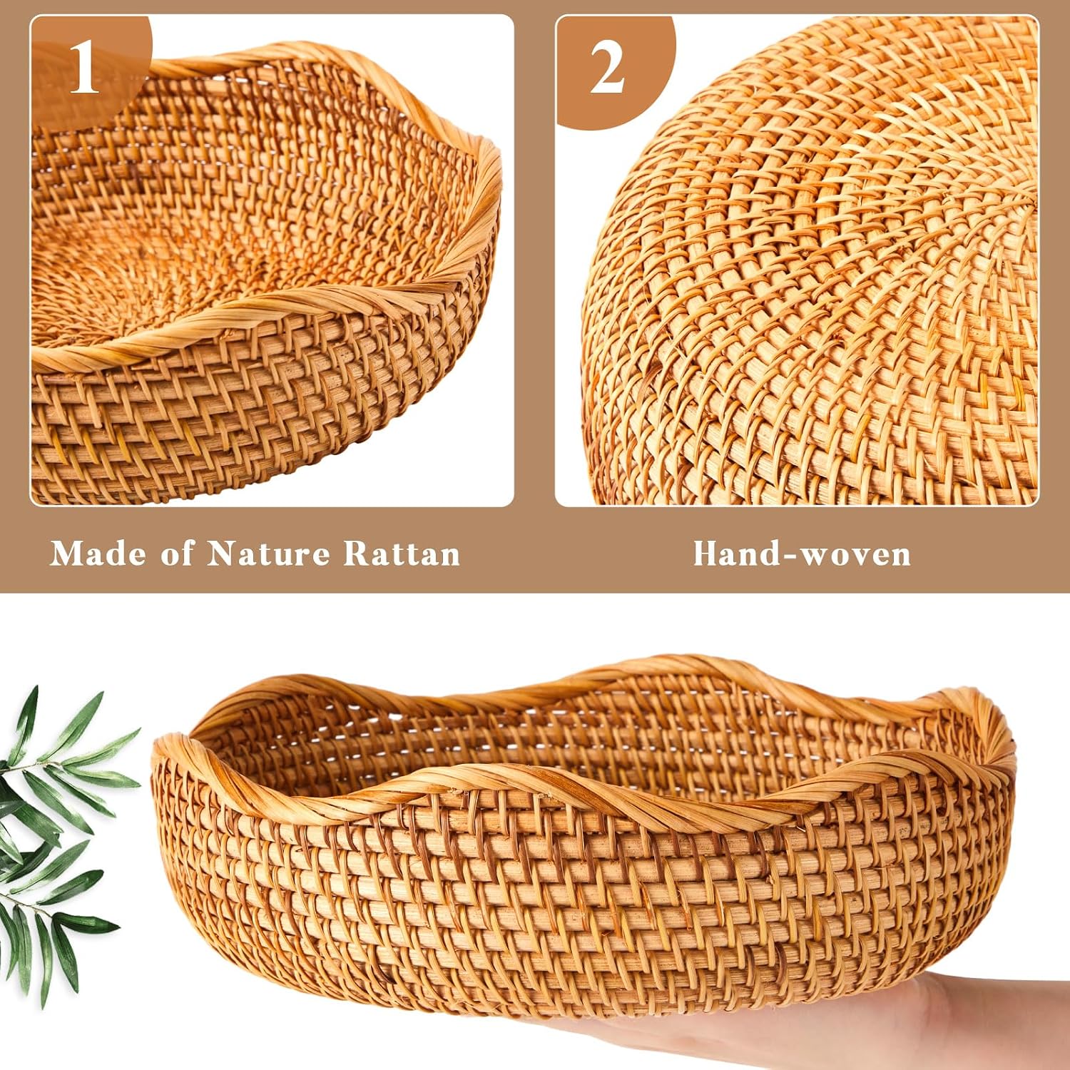 Scalloped Rattan Fruit Baskets Round Wicker Bread Food Serving / Natural / 10.2 Inch / Set of 3