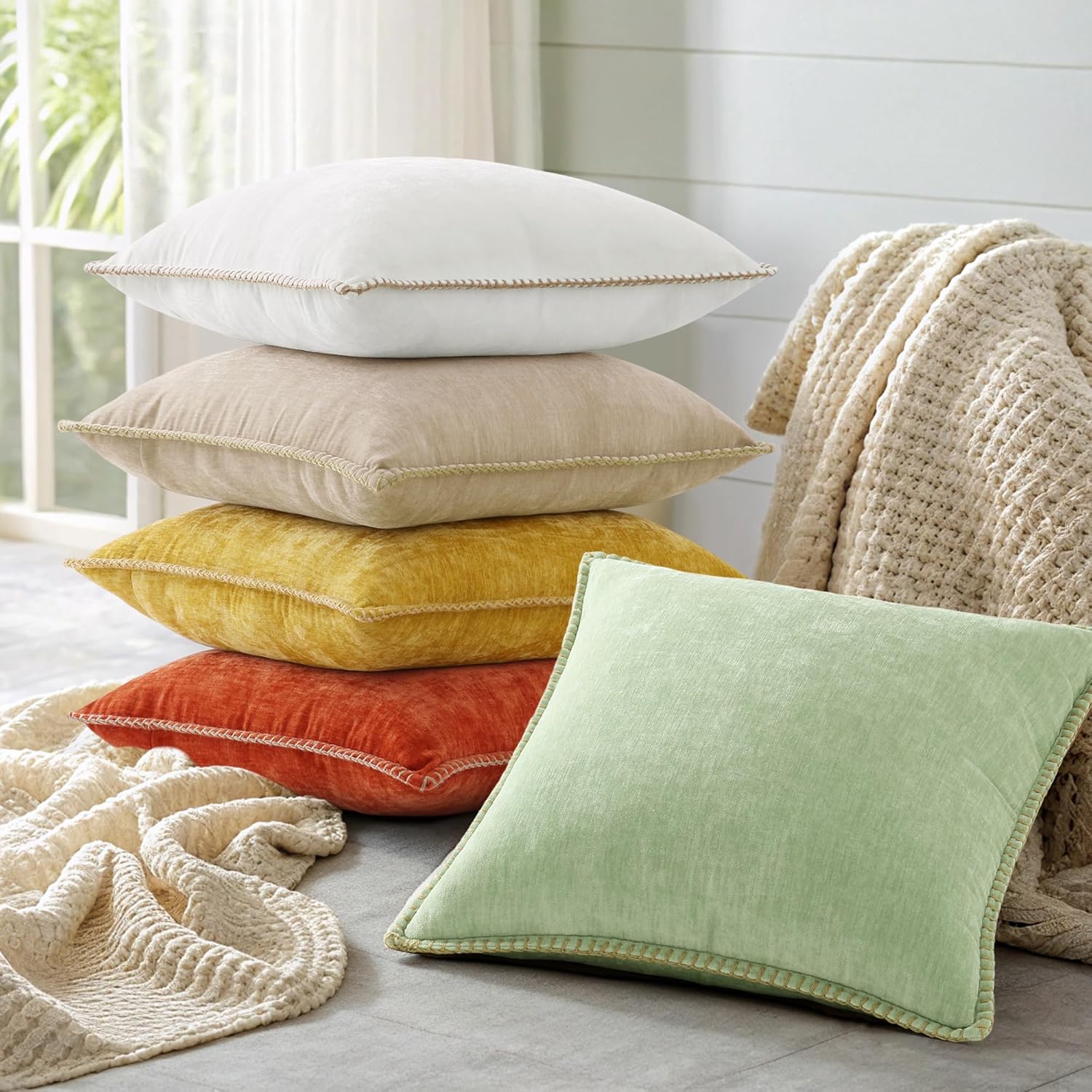 Fall Chenille Soft Throw Pillow Covers / Sage Green / 18 x 18 / Set of 2