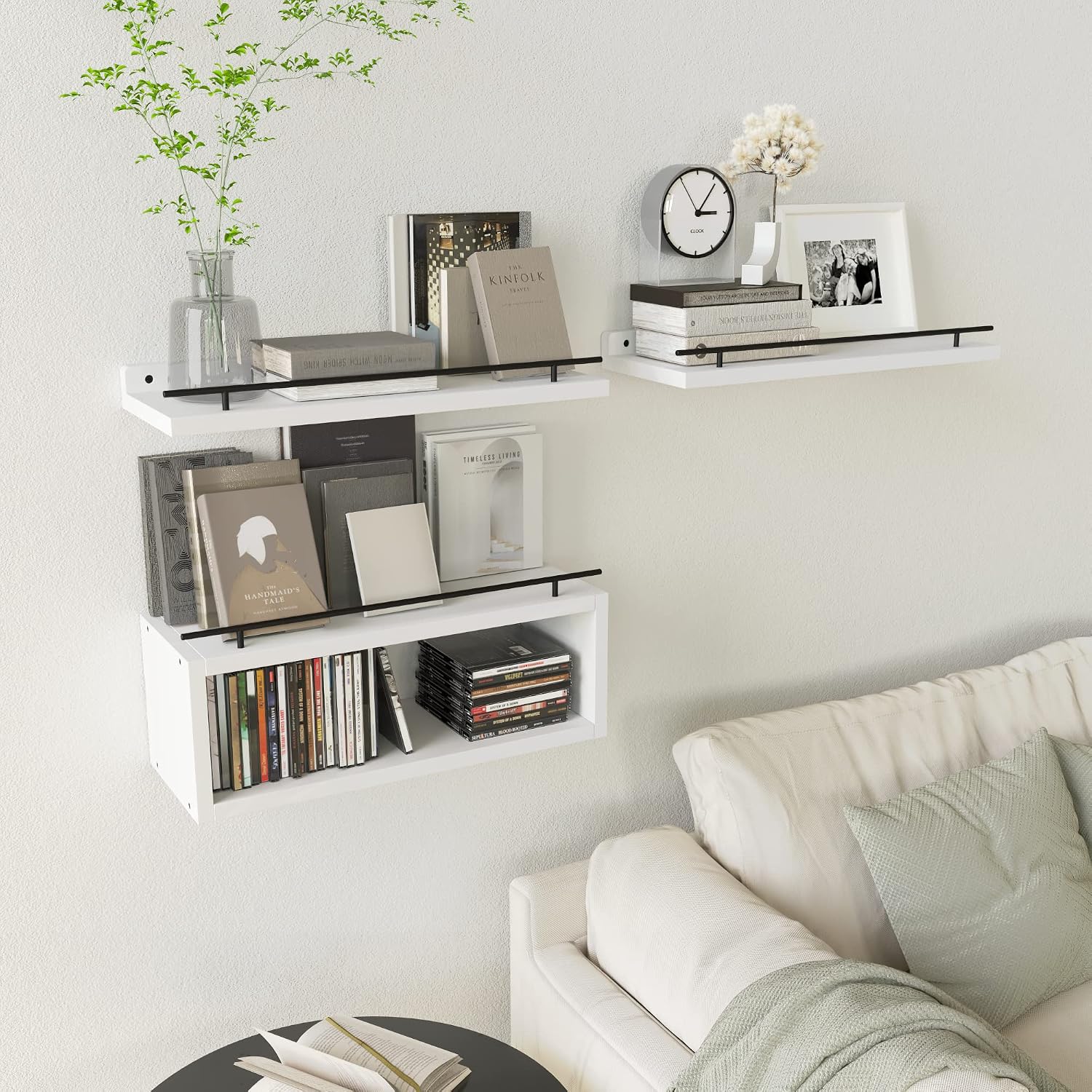 Floating Shelves for Wall with Cube Shelf, Wall Shelves with Metal Rail for Decor, Bathroom Organizers and Storage