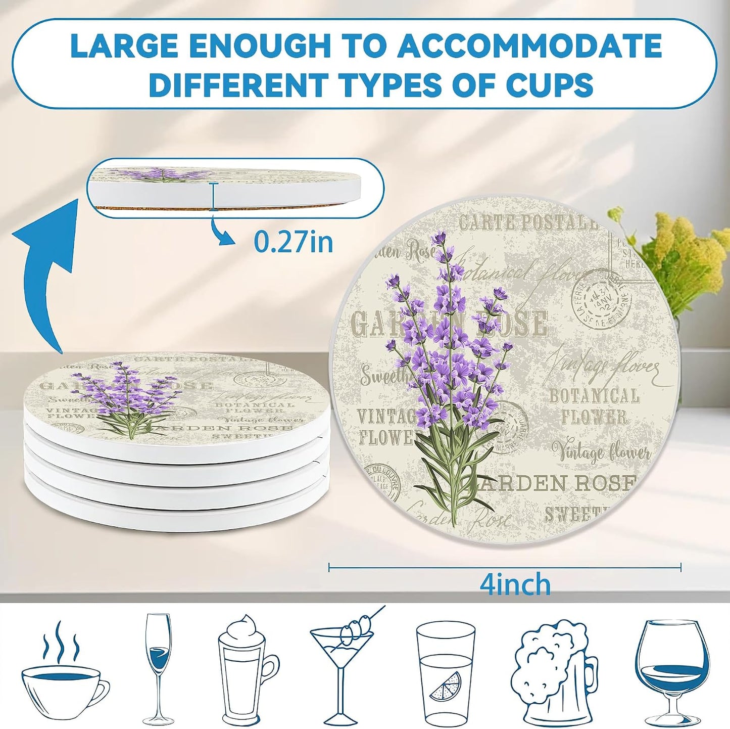 Vintage Round 4" Cup Coasters / Lavender Flowers / Set of 4