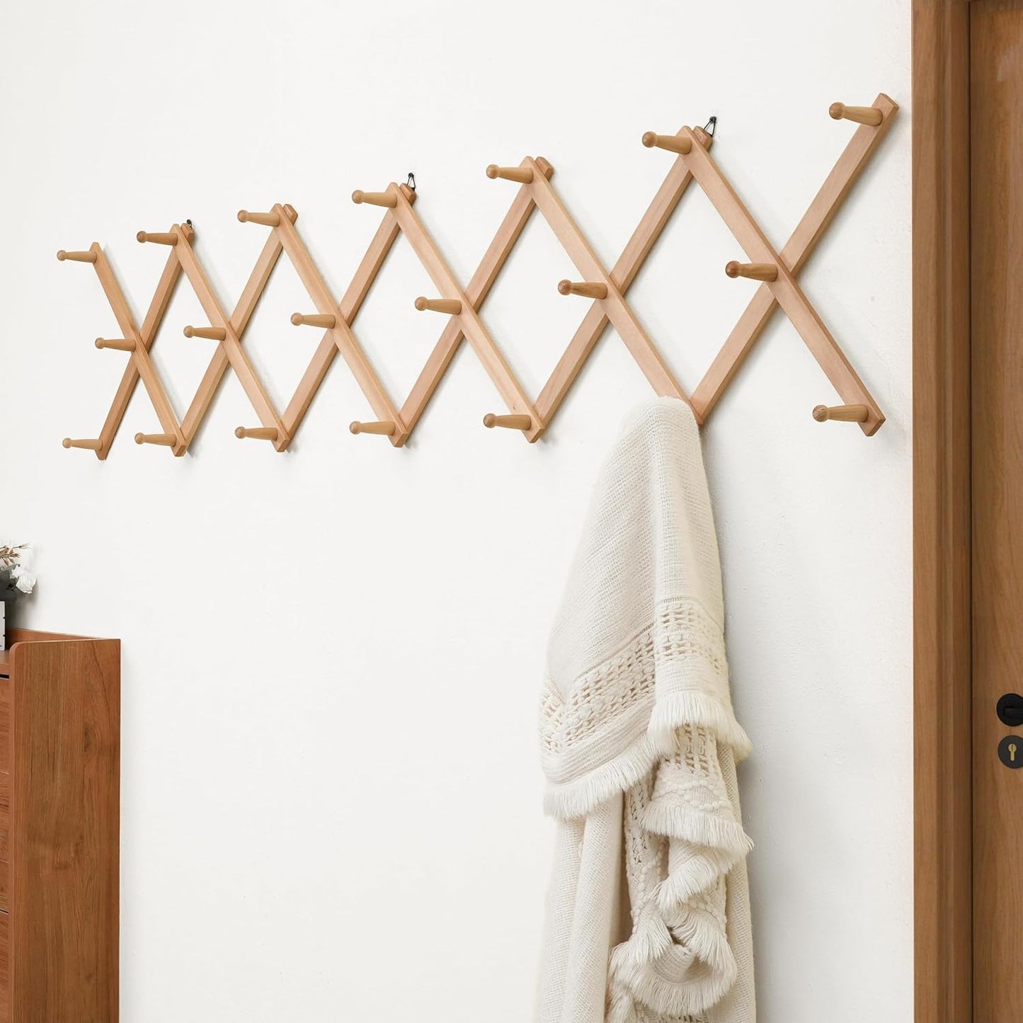 Accordian Wall Hanger: 16” High Wooden Wall Expandable Coat Rack, Hat Rack Holder, Accordion Hook for Baseball Caps