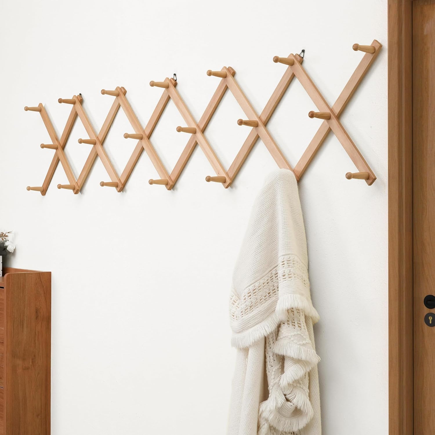 Accordian Wall Hanger: 16” High Wooden Wall Expandable Coat Rack, Hat Rack Holder, Accordion Hook for Baseball Caps
