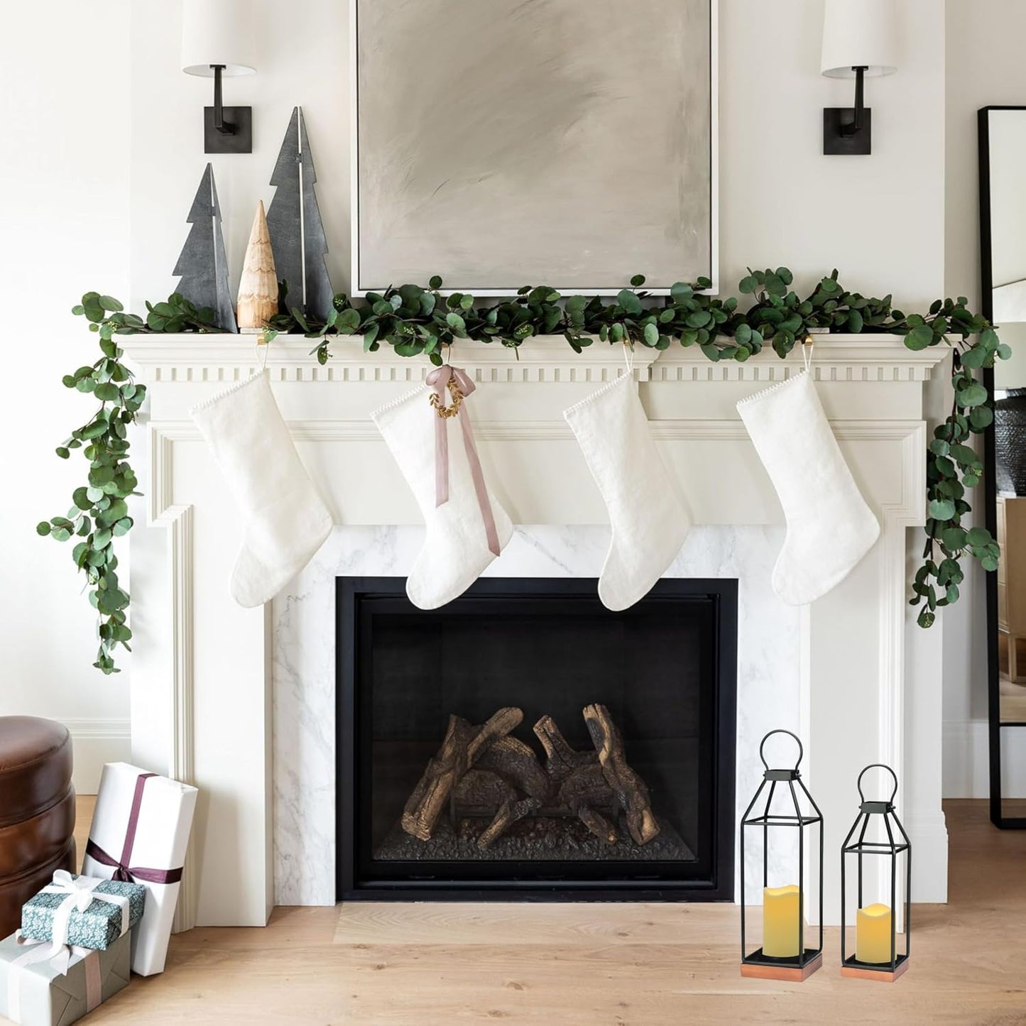 Perfnique Metal Lanterns w/ Pine Wood, Set of 2 Farmhouse Lantern Decorative w/ Waterproof Flameless Candle & Remote