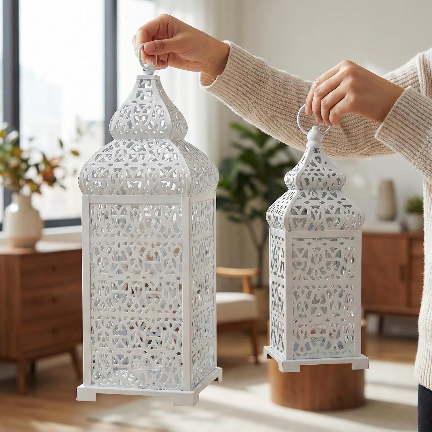 Vela Lanterns Decorative Indoor Moroccan Candle Holders, White, Set of 2 | White Wedding Centerpieces, Ramadan